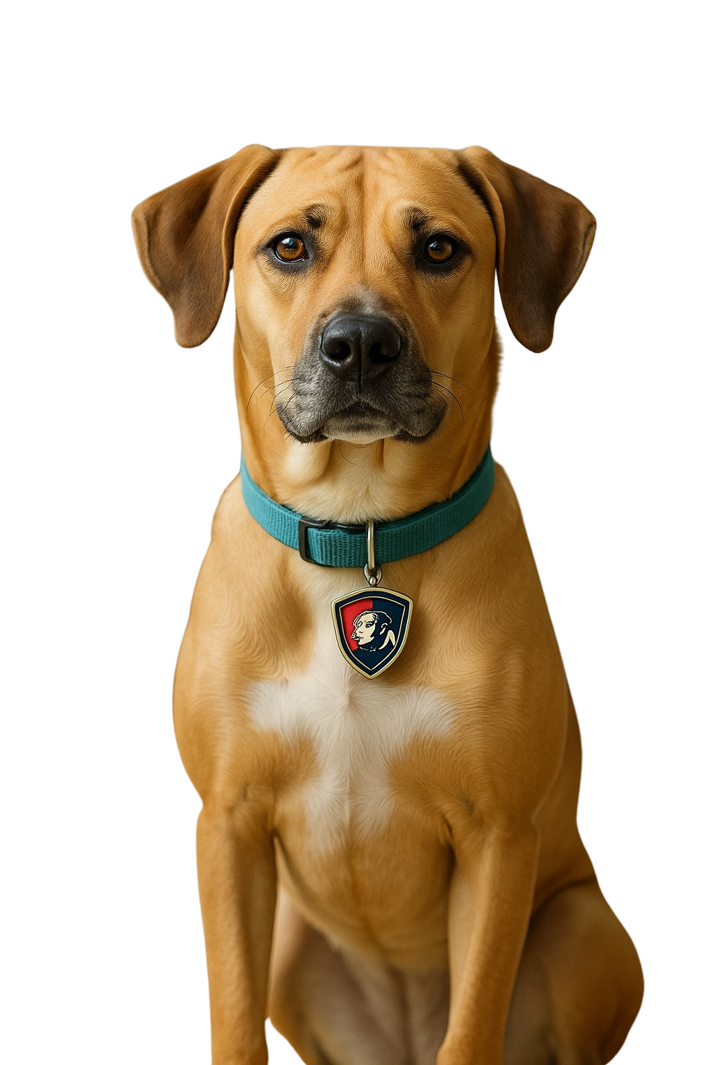 A brown dog with a teal collar and a badge, sitting and looking at the camera.