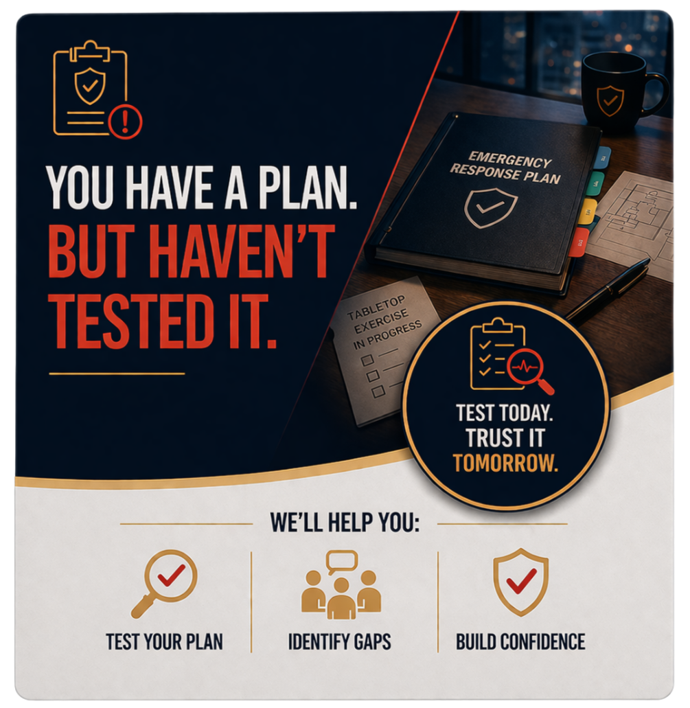 Security office with a golden retriever security dog wearing a vest labeled 'RiskHound' sitting on a desk. The desk has a security assessment form, a notepad labeled 'Contact Us' with a pen, a yellow construction helmet, two walkie-talkies, a computer monitor showing surveillance camera feeds, and a smartphone. In the background, a man in a suit is reading a document inside a modern office building at night.