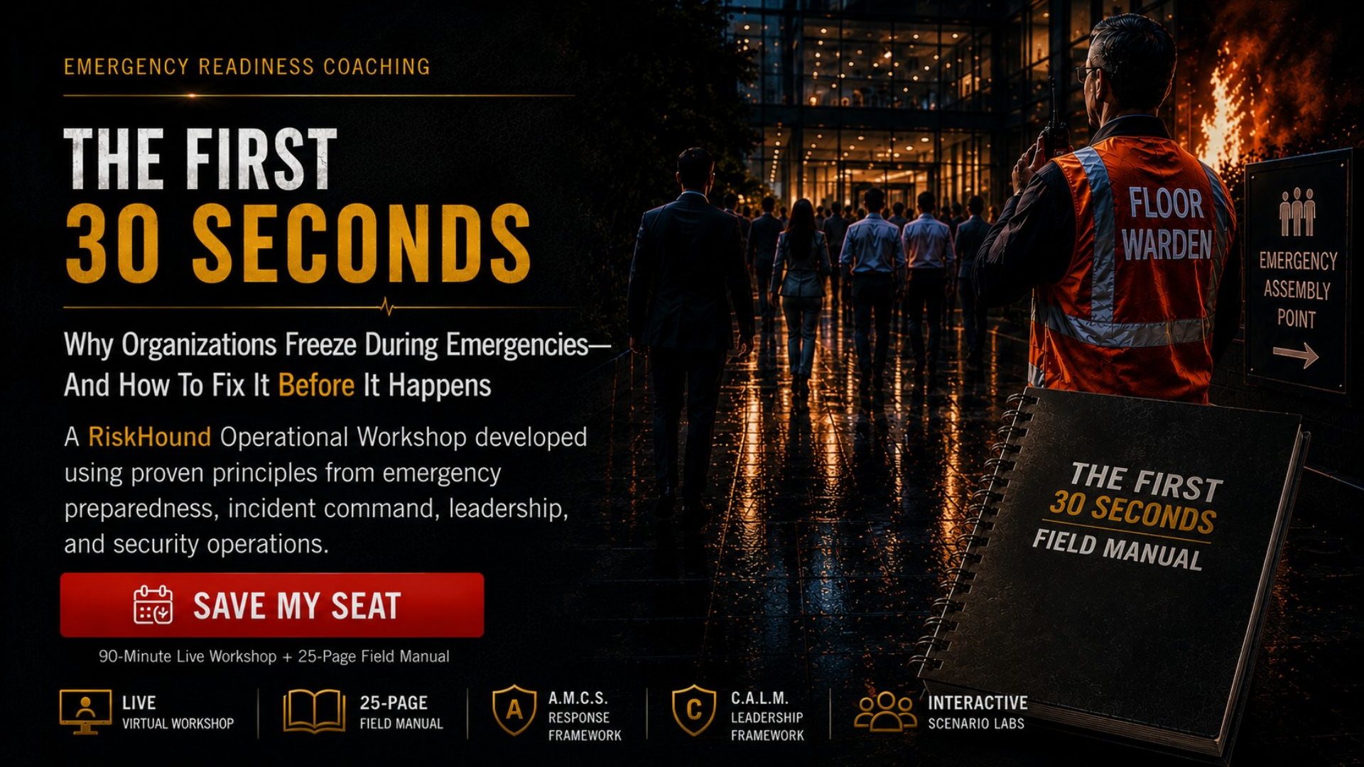 Poster for emergency readiness coaching titled 'The First 30 Seconds'; depicts a group of people walking toward a building at dusk, with a security guard or emergency warden in an orange vest holding a walkie-talkie in the foreground. Includes information about a workshop and manual, with icons for live virtual workshop, field manual, response framework, leadership framework, and scenario labs.