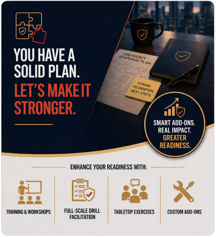 A workspace with blueprints, a camera, a walkie-talkie, glasses, a smartphone, a laptop displaying technical drawings, a cup of coffee, and a large sign that reads 'Readiness Programs' in bold black letters against a yellow background.