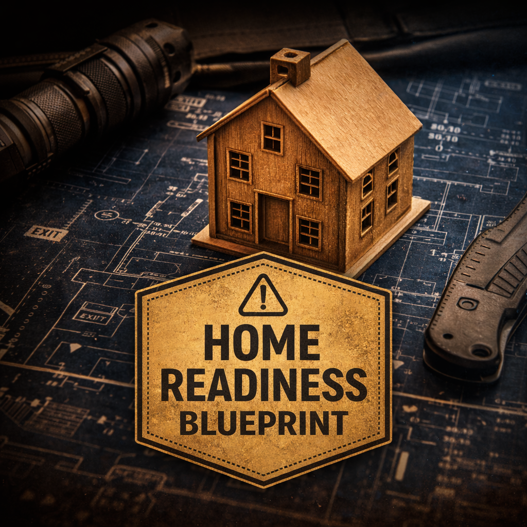 A small wooden house model on top of blueprints, with a flashlight and a utility knife nearby, and a sign that reads "Home Readiness Blueprint" and an exclamation mark icon.