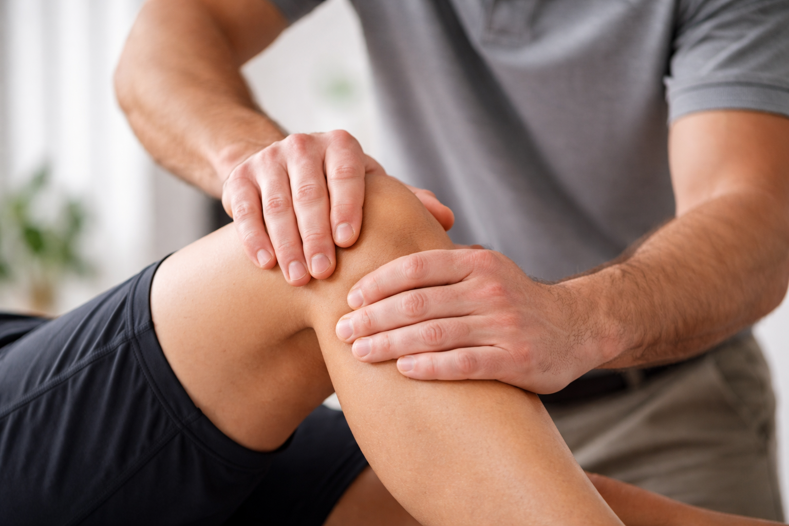 A person receiving knee therapy or massage from a physical therapist.