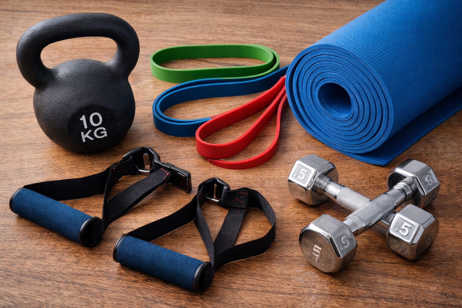 Home gym equipment on a wooden surface including a 10 kg kettlebell, resistance bands, a rolled-up blue yoga mat, a pair of silver dumbbells, and black ankle straps with blue padding.