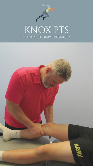 A physical therapist in a red shirt works on a patient's leg during a therapy session at Knox PTS, a physical therapy clinic.
