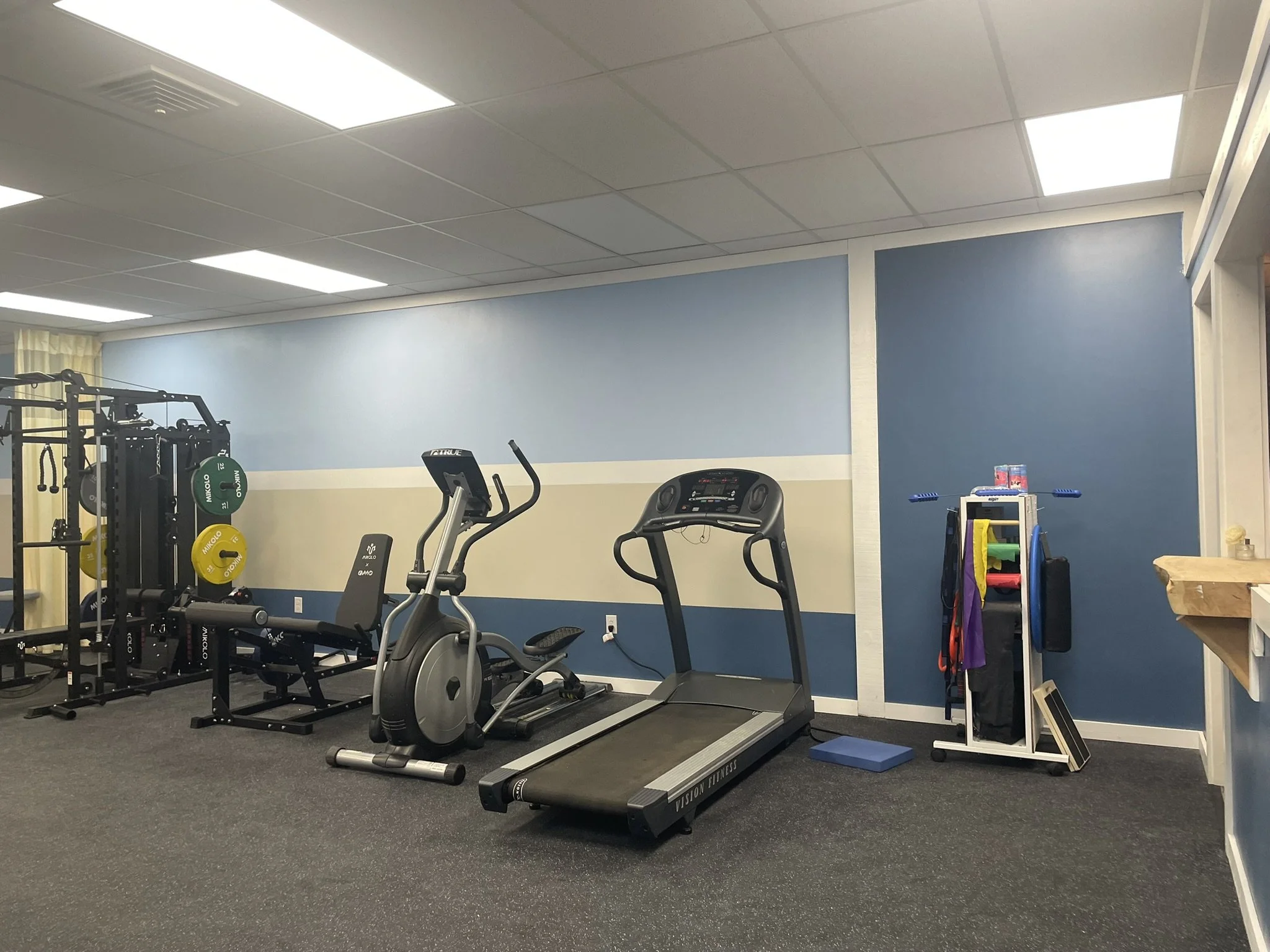 Empty gym with treadmill, exercise bike, weight rack, and workout accessories in a clean, well-lit room.