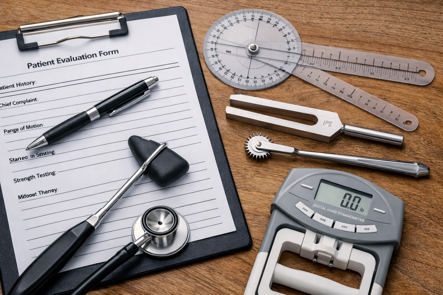 Medical tools and a patient evaluation form on a wooden surface, including a stethoscope, a pen, a weight scale, a BPM cuff, a metal gauge, and a digital hand dynamometer