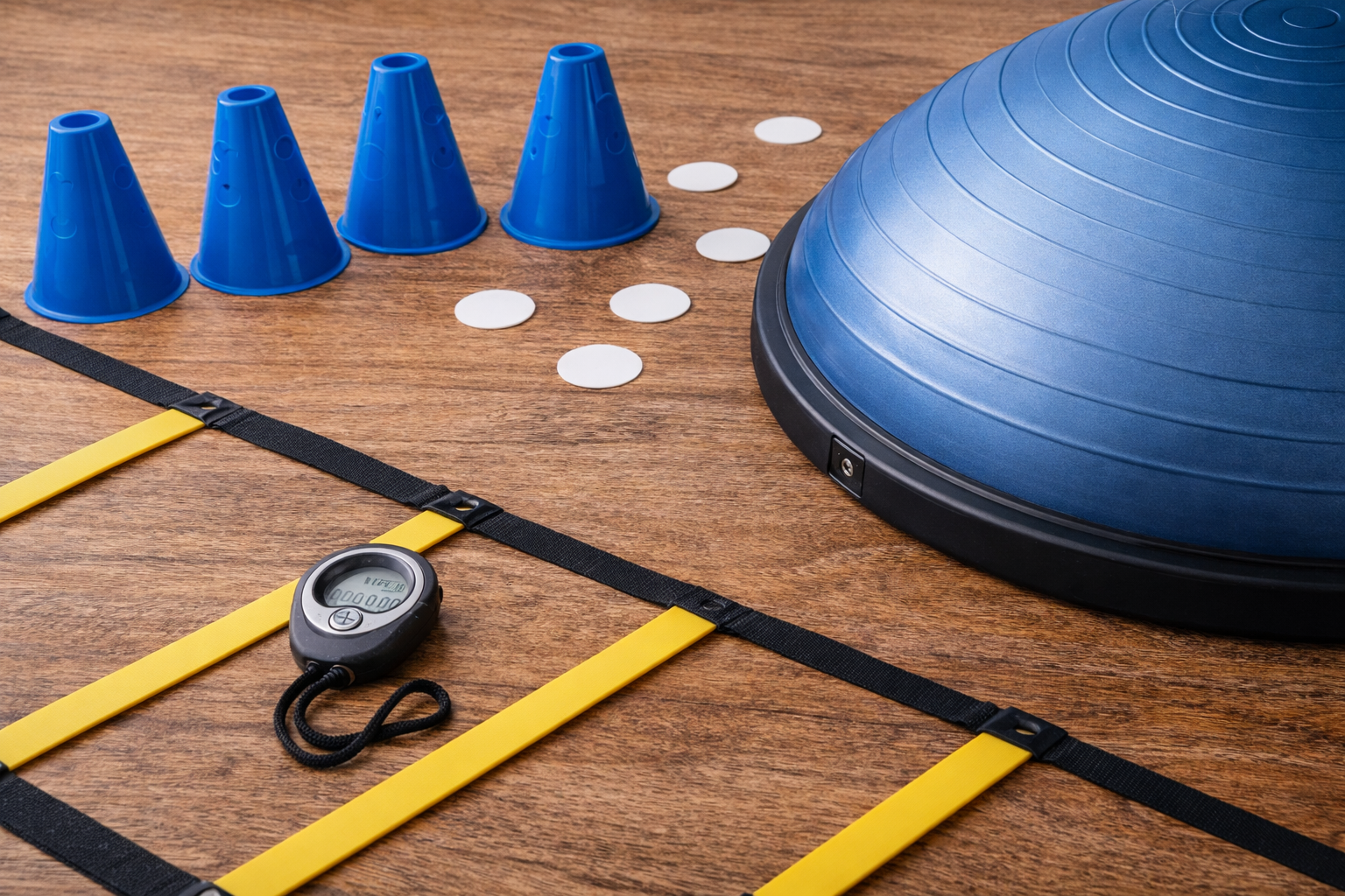 Blue balance trainer, four blue cones, white markers, digital timer, and yellow and black agility ladder on wooden floor.