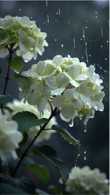 Close-up of white hydrangea flowers with raindrops on petals and leaves during rainfall, dark background.