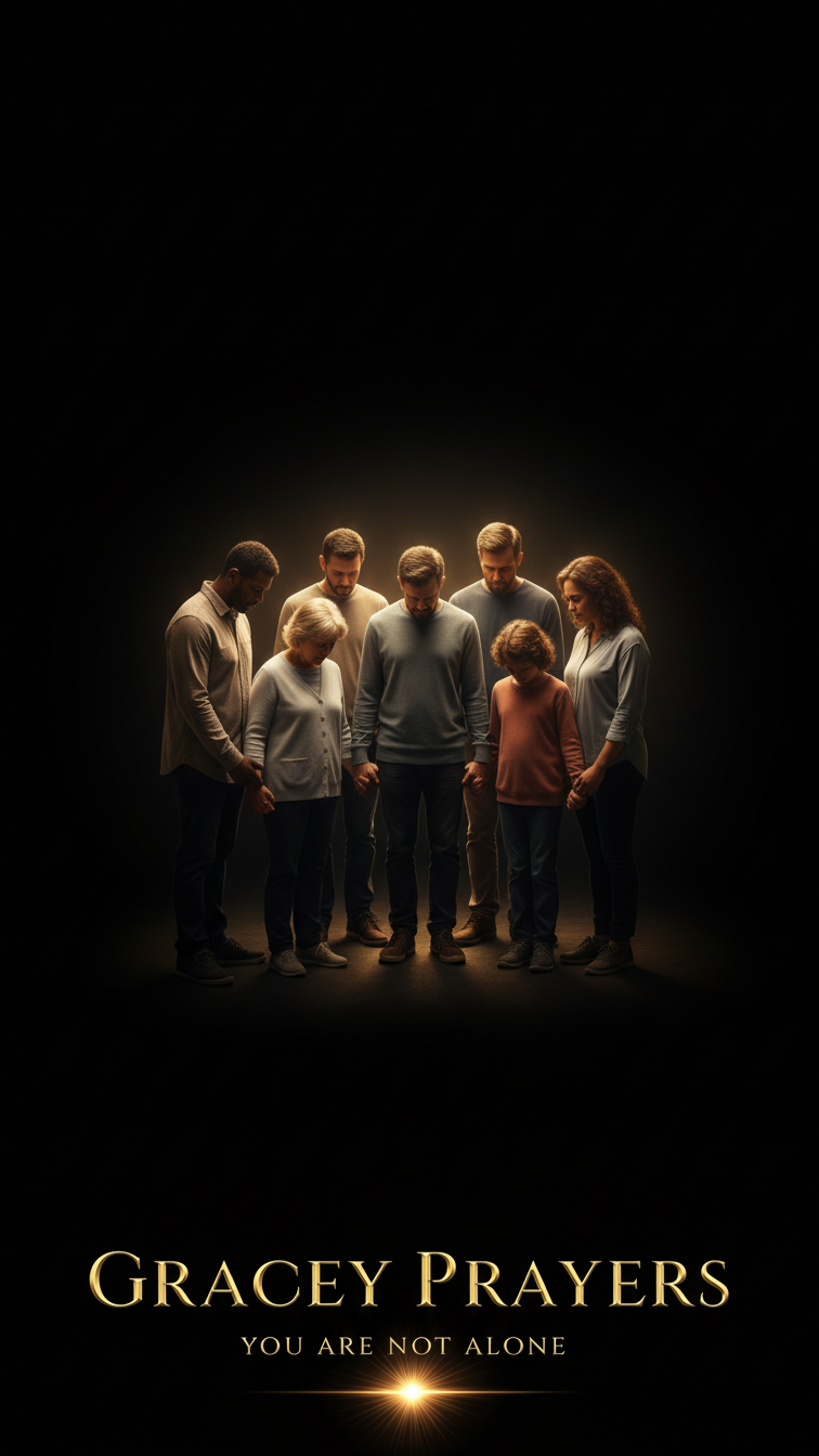 A group of seven people standing in a circle, holding hands, with a glowing light behind them against a black background.