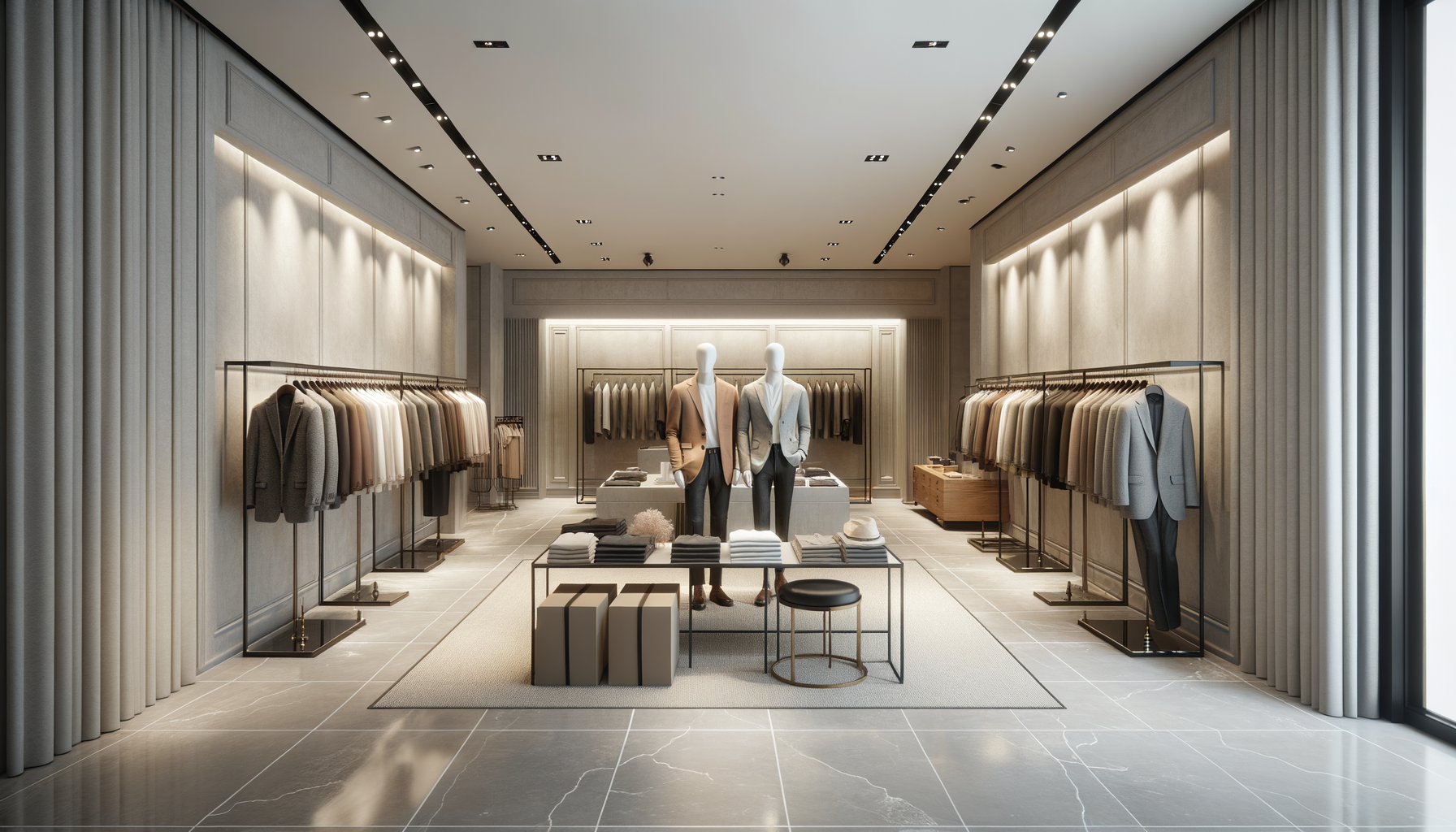 A modern clothing store with mannequins dressed in suits, racks of jackets, and neatly folded clothes displayed on tables and shelves.