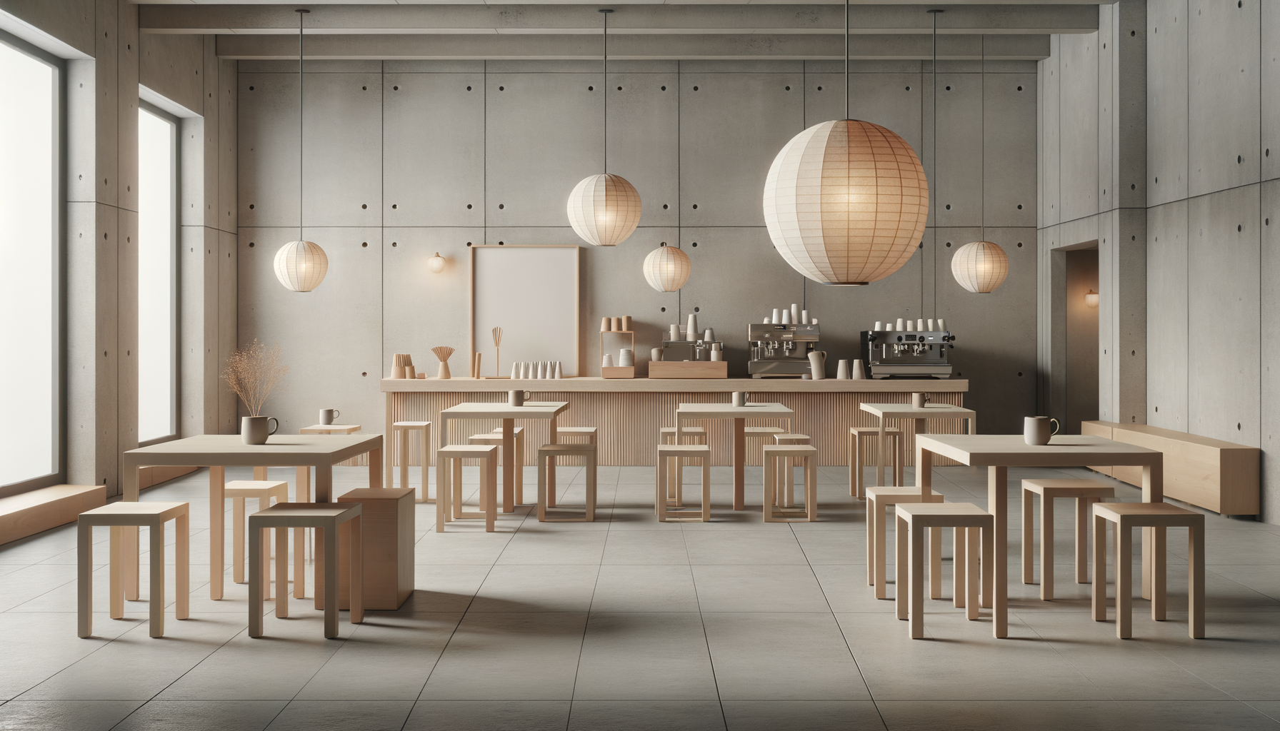 Minimalist coffee shop interior with wooden tables, stools, and hanging paper lantern lights, concrete walls, and large windows.