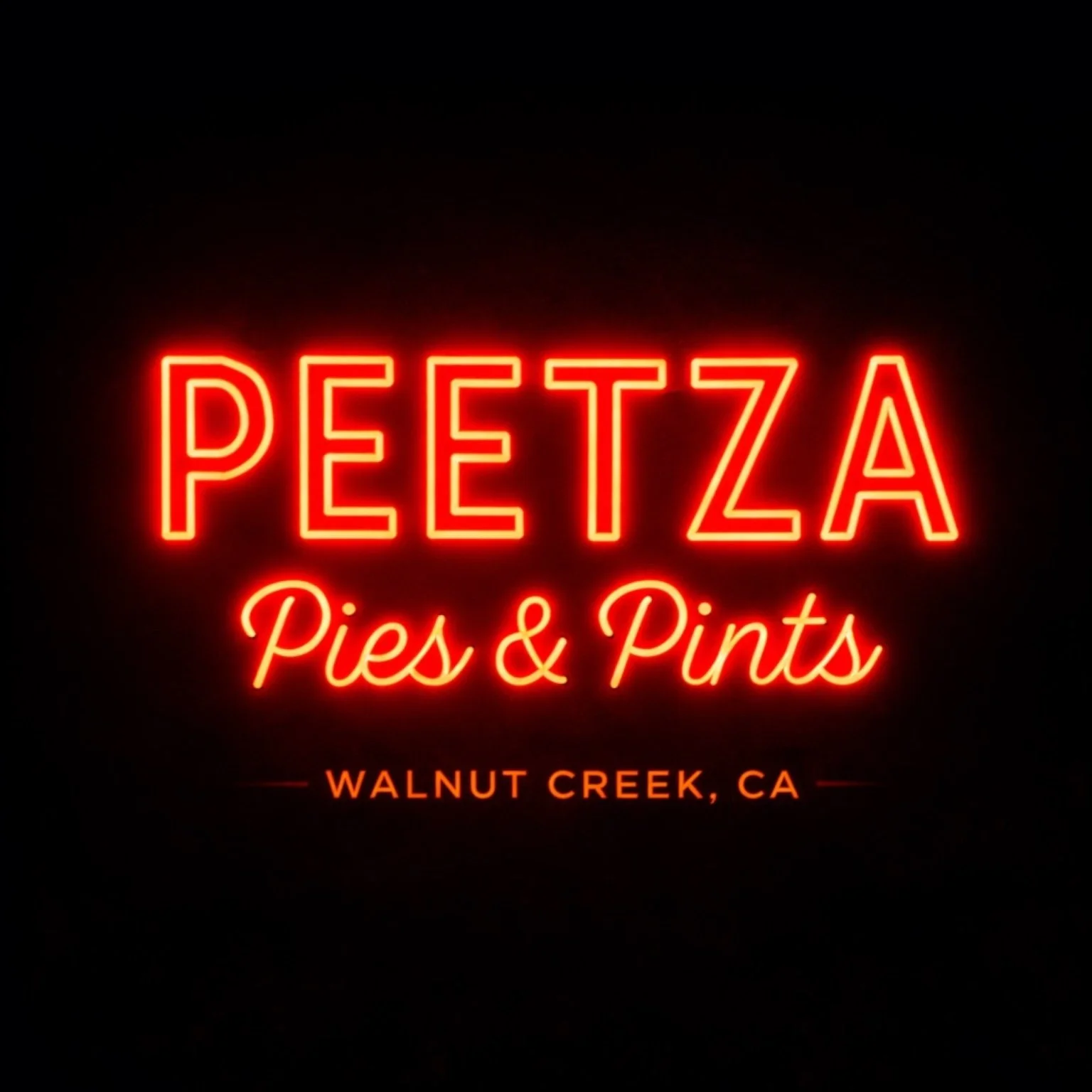 Neon sign for Petza Pies & Pints, Walnut Creek, CA