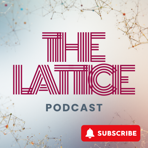 Logo for The Latice Podcast with a white background and network-like gold lines and dots.