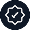 A badge or seal icon with a check mark in the center