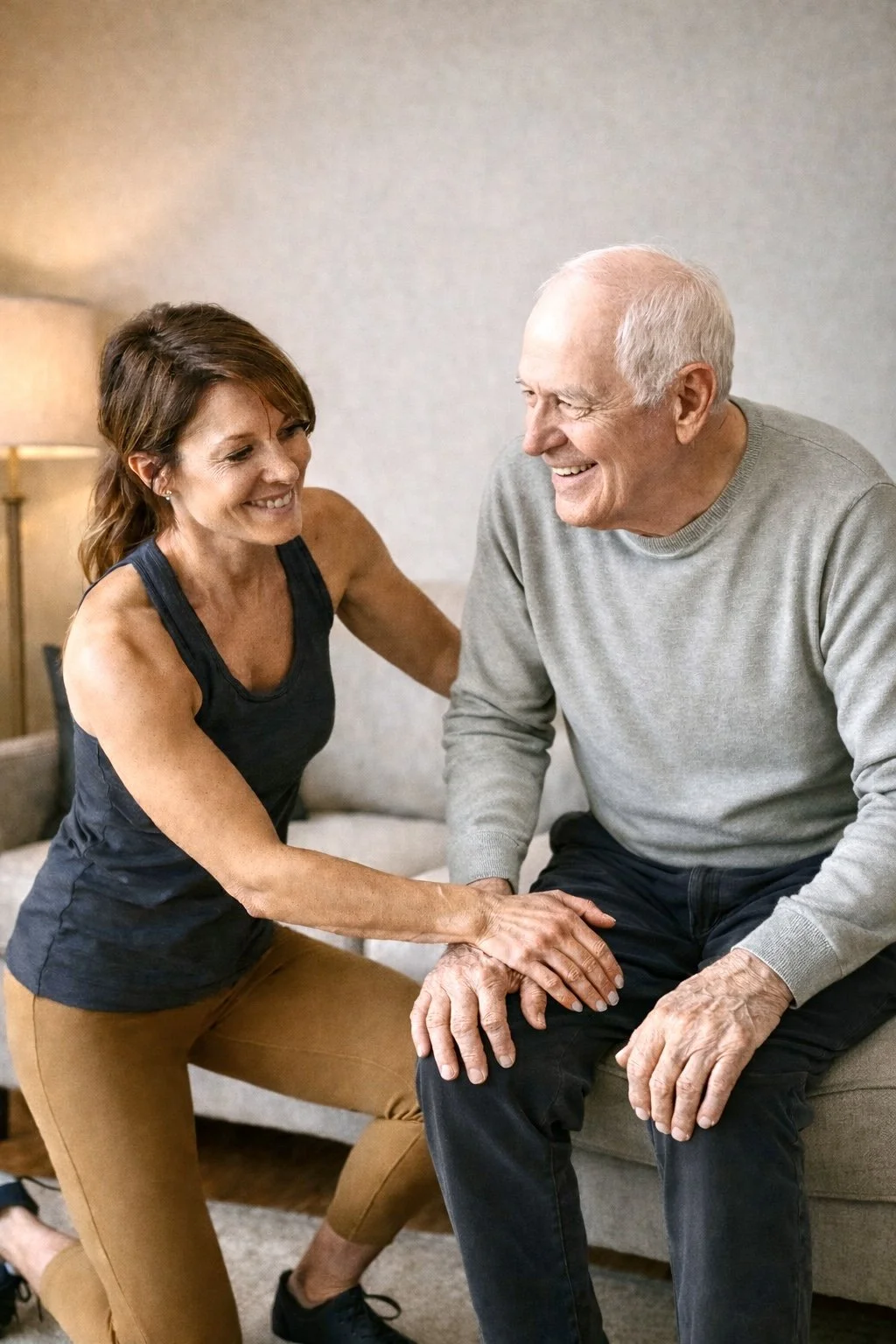 A woman and an elderly man smiling and holding hands in a cozy living room.