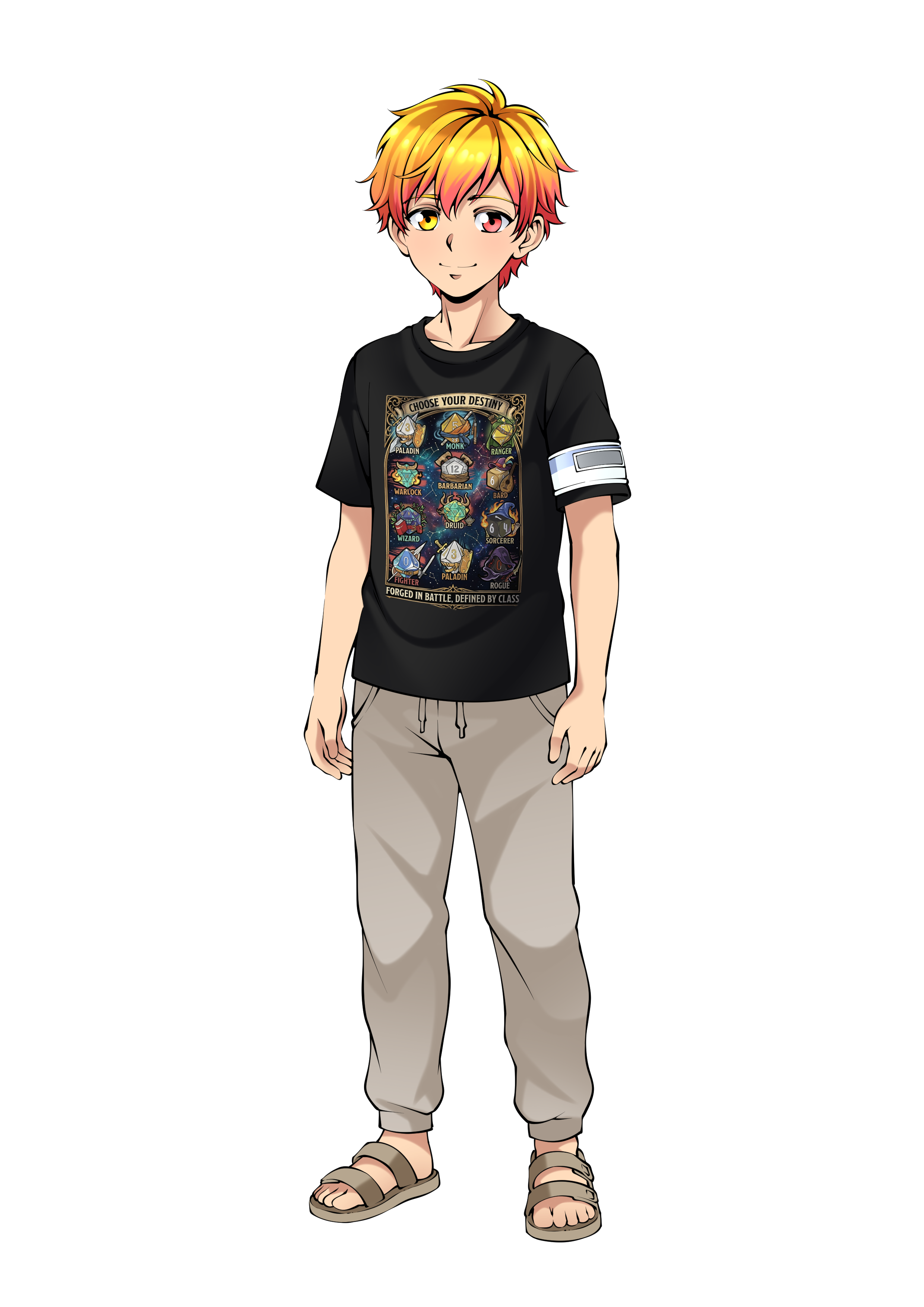 A young person with short, layered, blonde hair tipped with orange, wearing a black T-shirt with a colorful graphic and text about choosing your destiny, light tan pants, and sandals, against a black background.