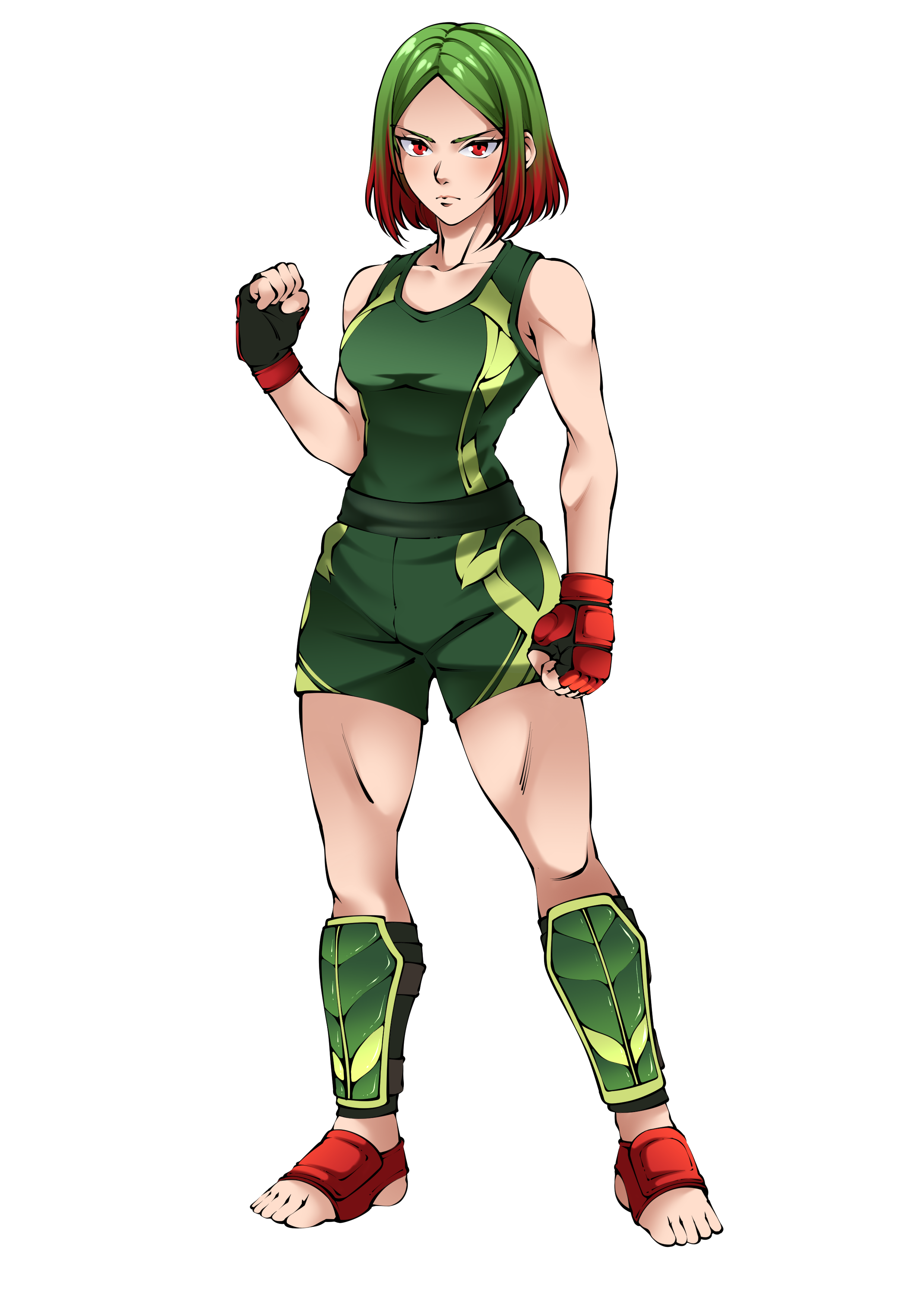 Anime-style female martial artist with green and red hair, wearing a green sleeveless athletic outfit, red fighting gloves, and green shin guards, standing in a fighting stance on a black background.
