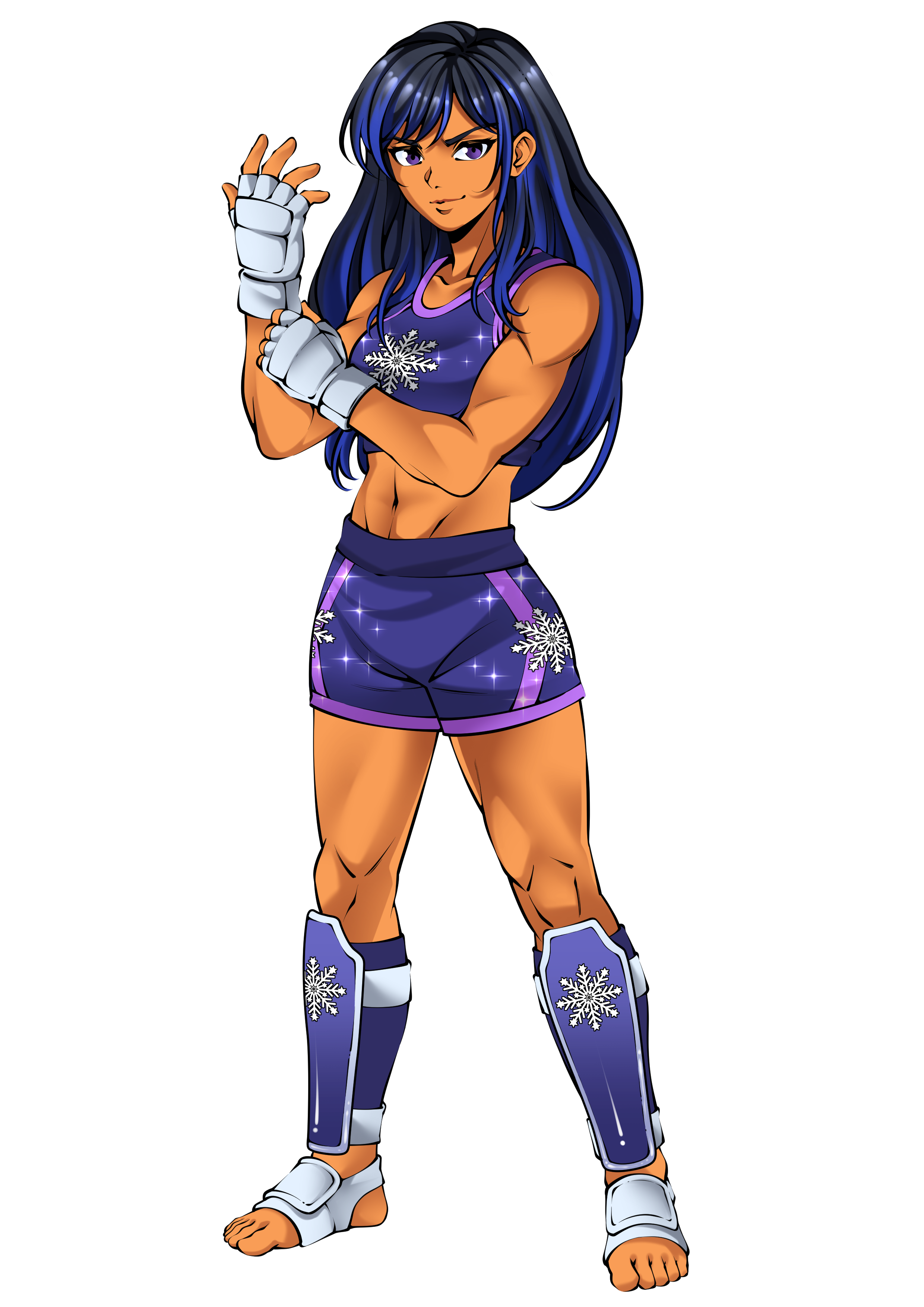Anime-style female boxer with long blue hair, purple eyes, muscular build, wearing a purple sports top and shorts with snowflake designs, boxing gloves, and blue and white boxing boots with snowflake patterns.