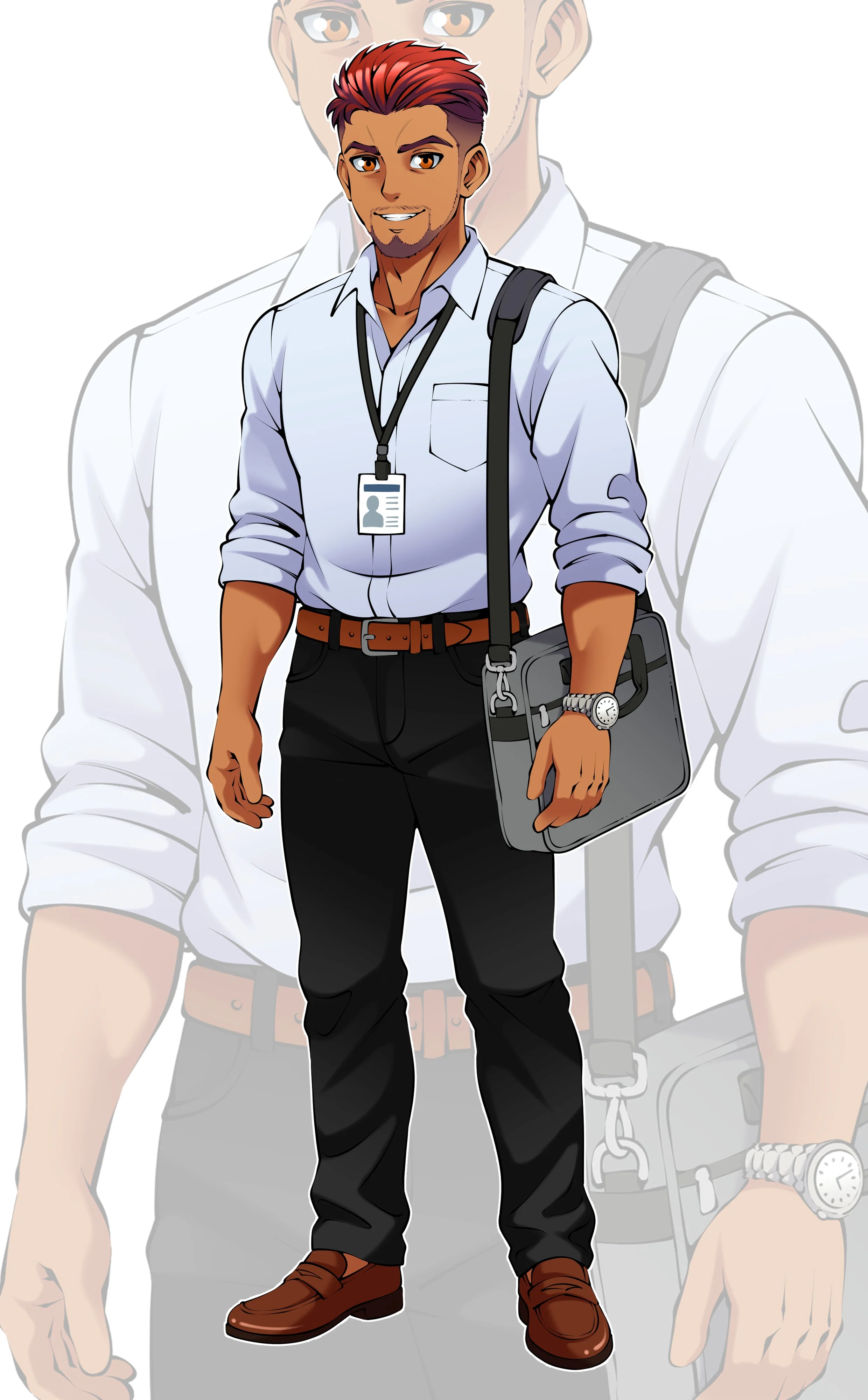 An animated male character with red hair, wearing a white dress shirt with rolled-up sleeves, black pants, brown shoes, and a watch. He has a black lanyard with an ID badge and is carrying a black shoulder bag.