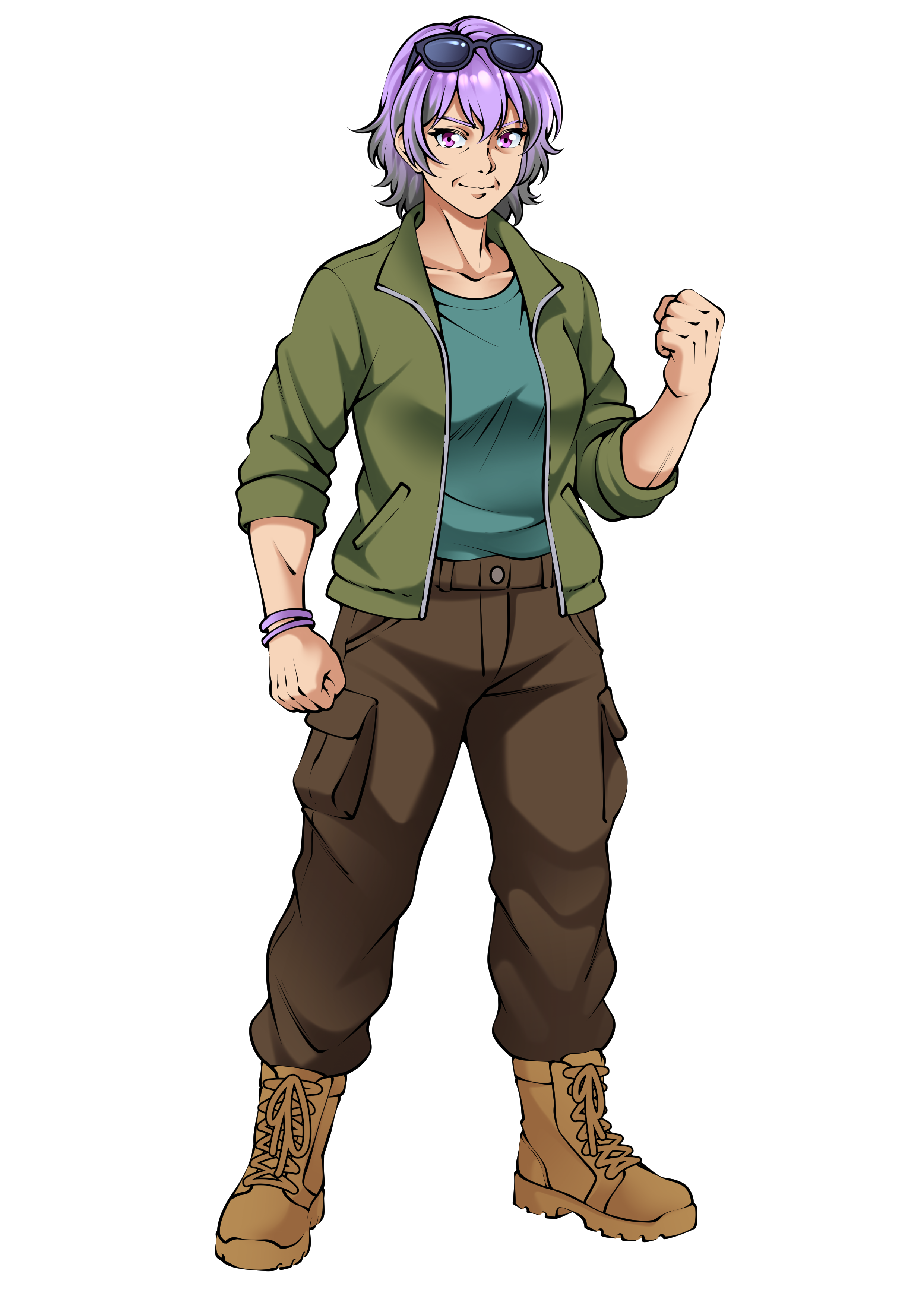 An animated character with purple hair wearing sunglasses on top of her head, a green jacket over a teal shirt, brown cargo pants, and tan combat boots, with a confident stance and a clenched fist.