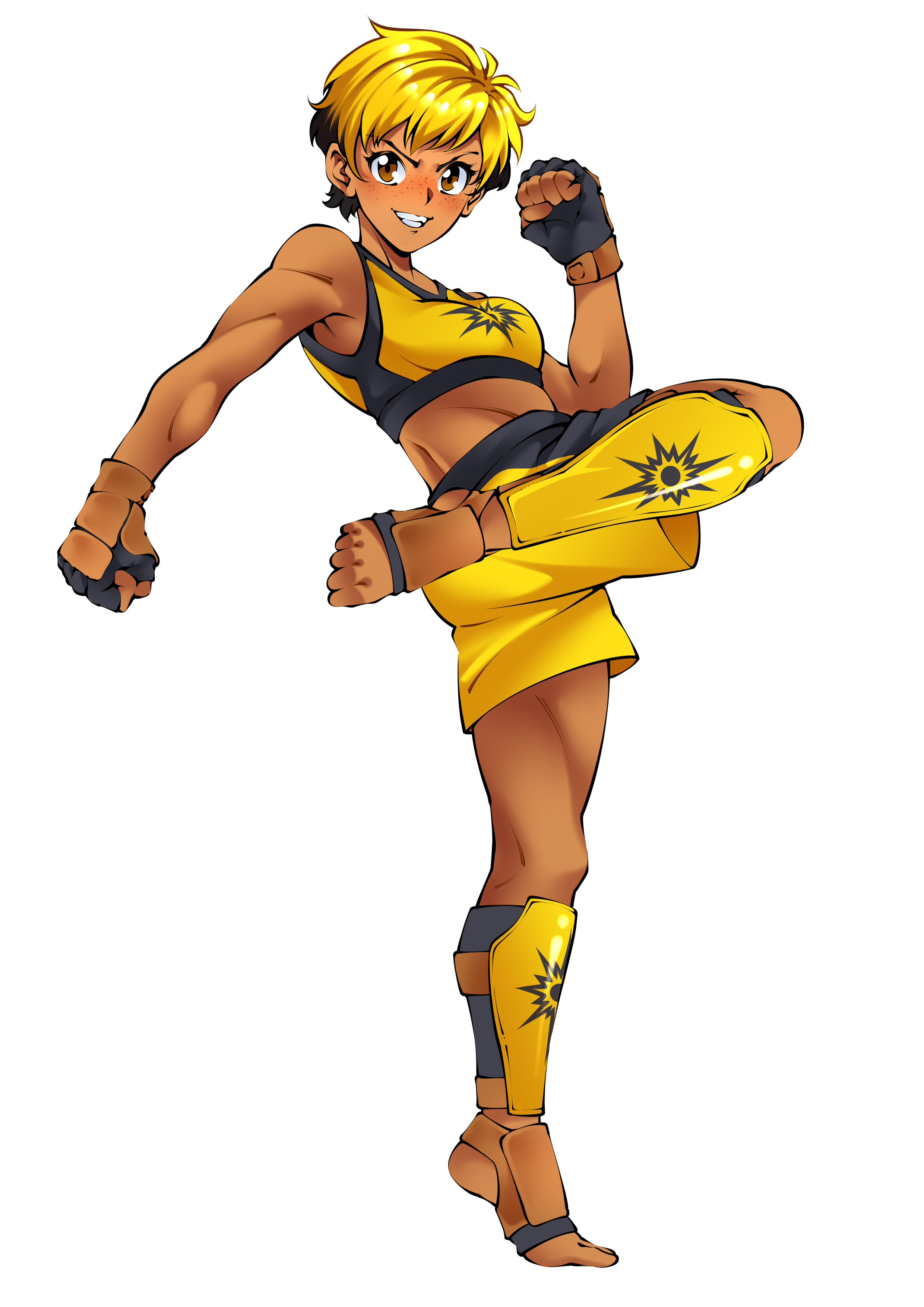 Anime-style female fighter with short blonde hair, freckles, and a confident smile, wearing yellow and black martial arts attire, boots, and gloves, performing a high kick.
