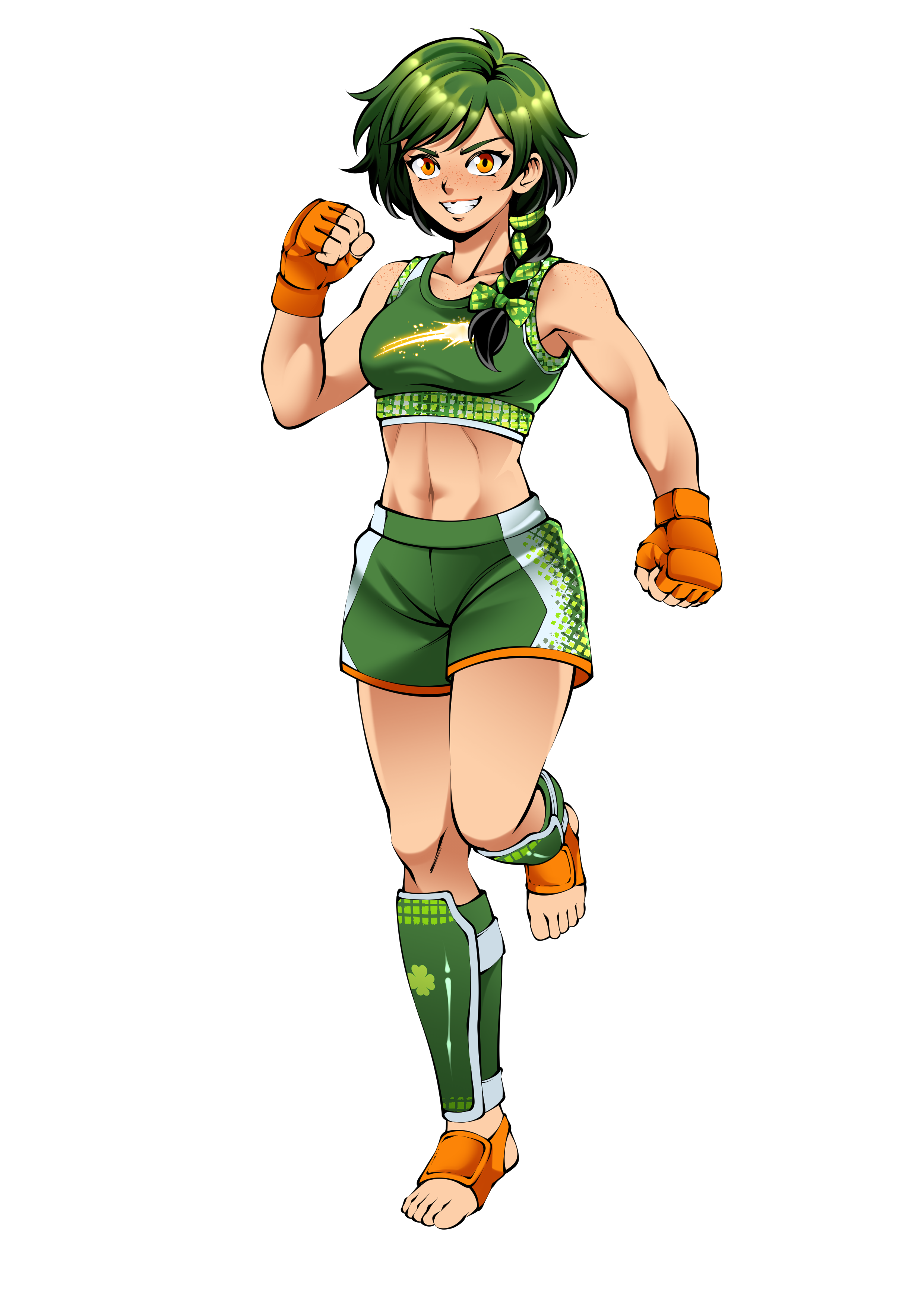Anime-style female character with green hair, yellow eyes, and freckles, dressed in green athletic outfit with shamrock motifs, orange gloves and leg bands, smiling confidently, standing with one fist raised.