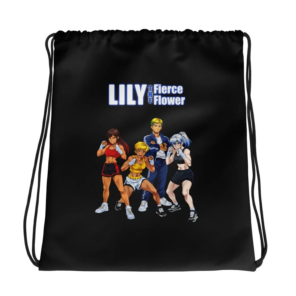 A black drawstring bag with a colorful illustration of four anime characters and the text "LILY THE Fierce Flower".