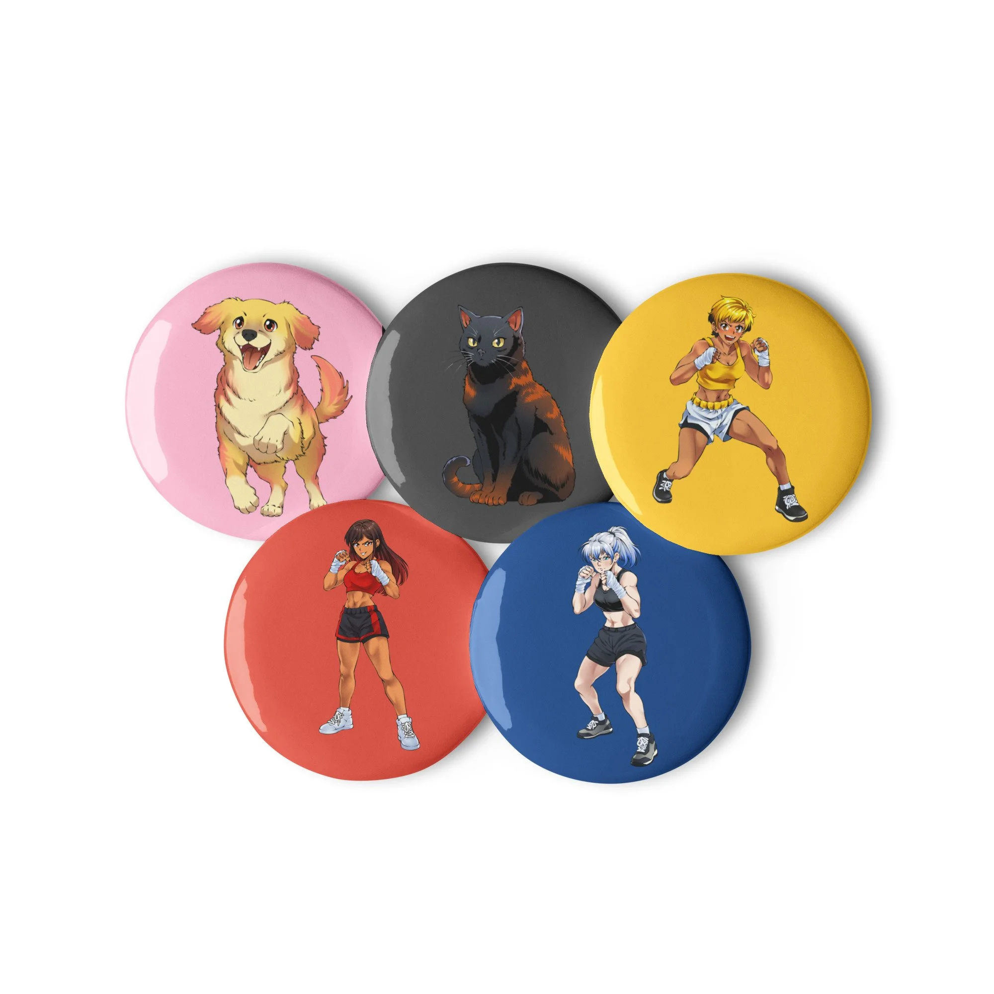 Colorful buttons featuring animated characters, including a happy puppy, a black cat, a young female boxer, and a second young female martial artist, used for gaming or collectible pin designs.