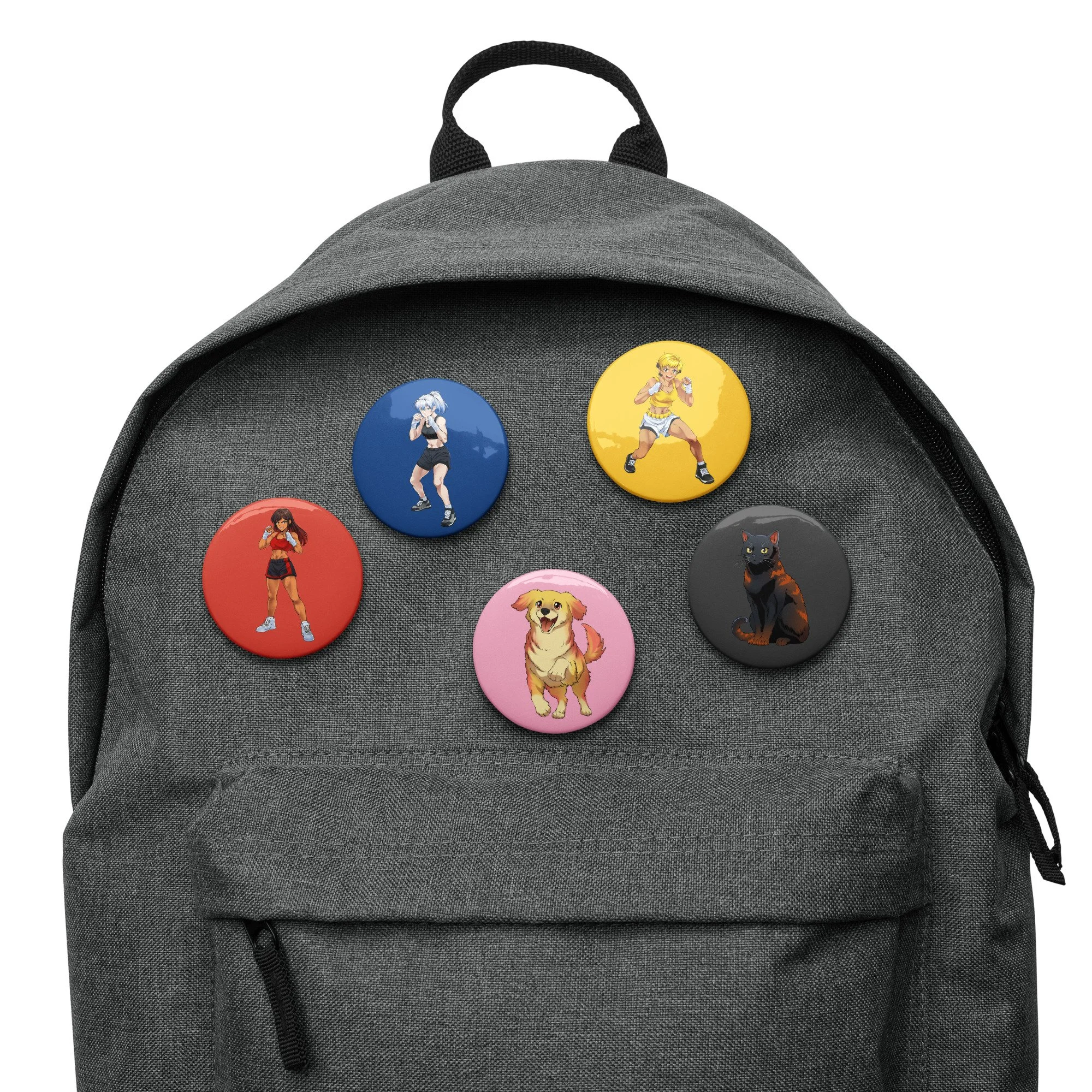 Top view of a gray backpack with colorful round pins featuring anime characters and animals attached to the front pocket.