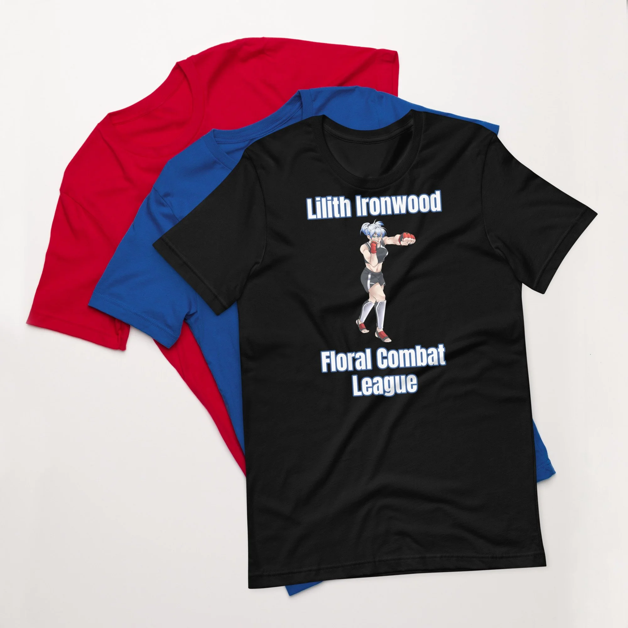Three T-shirts in red, blue, and black colors, with the black shirt featuring graphics and text related to a fictional league.