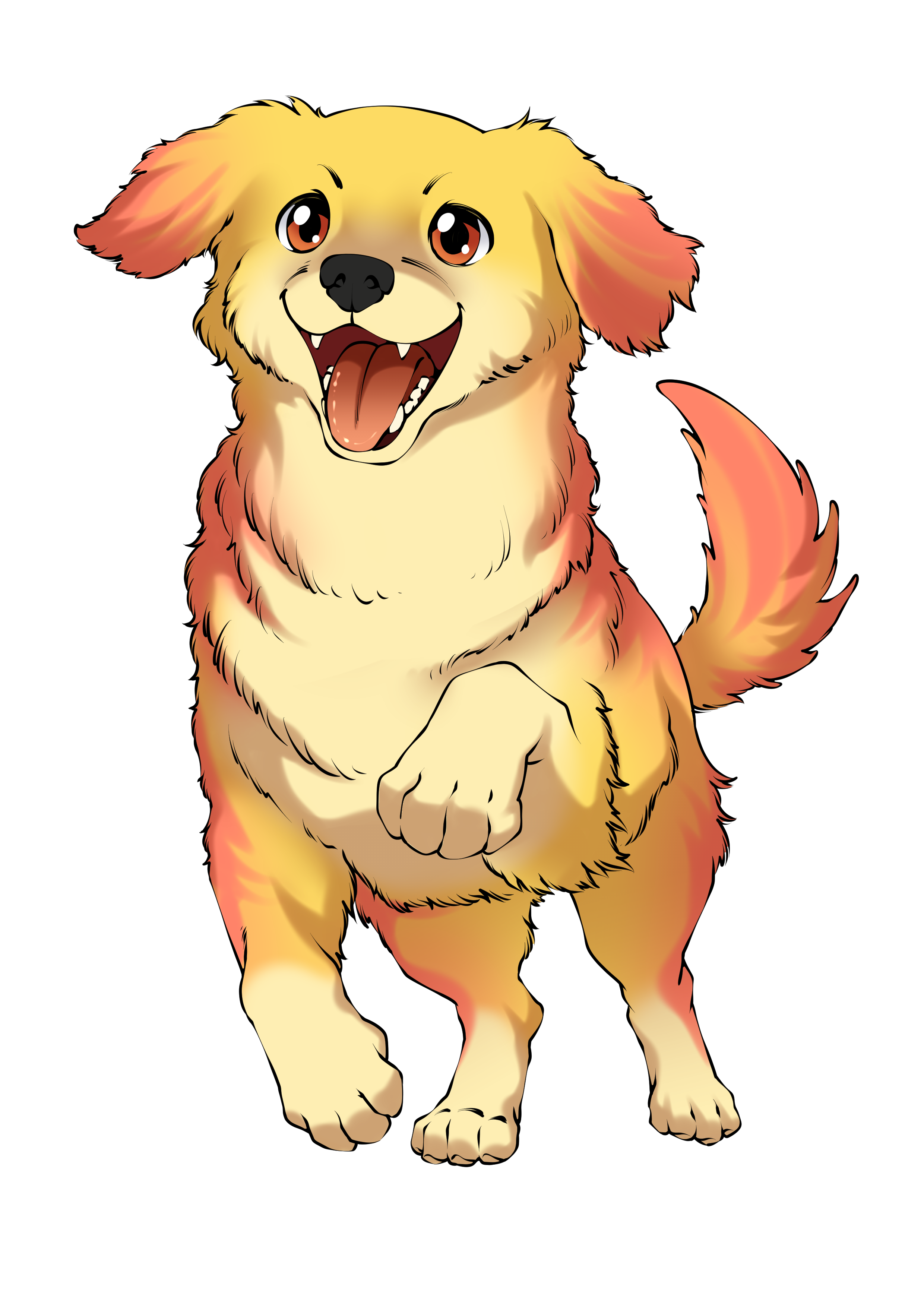 A cartoon dog with yellow fur and brown ears, smiling with its tongue out, walking forward on a black background.