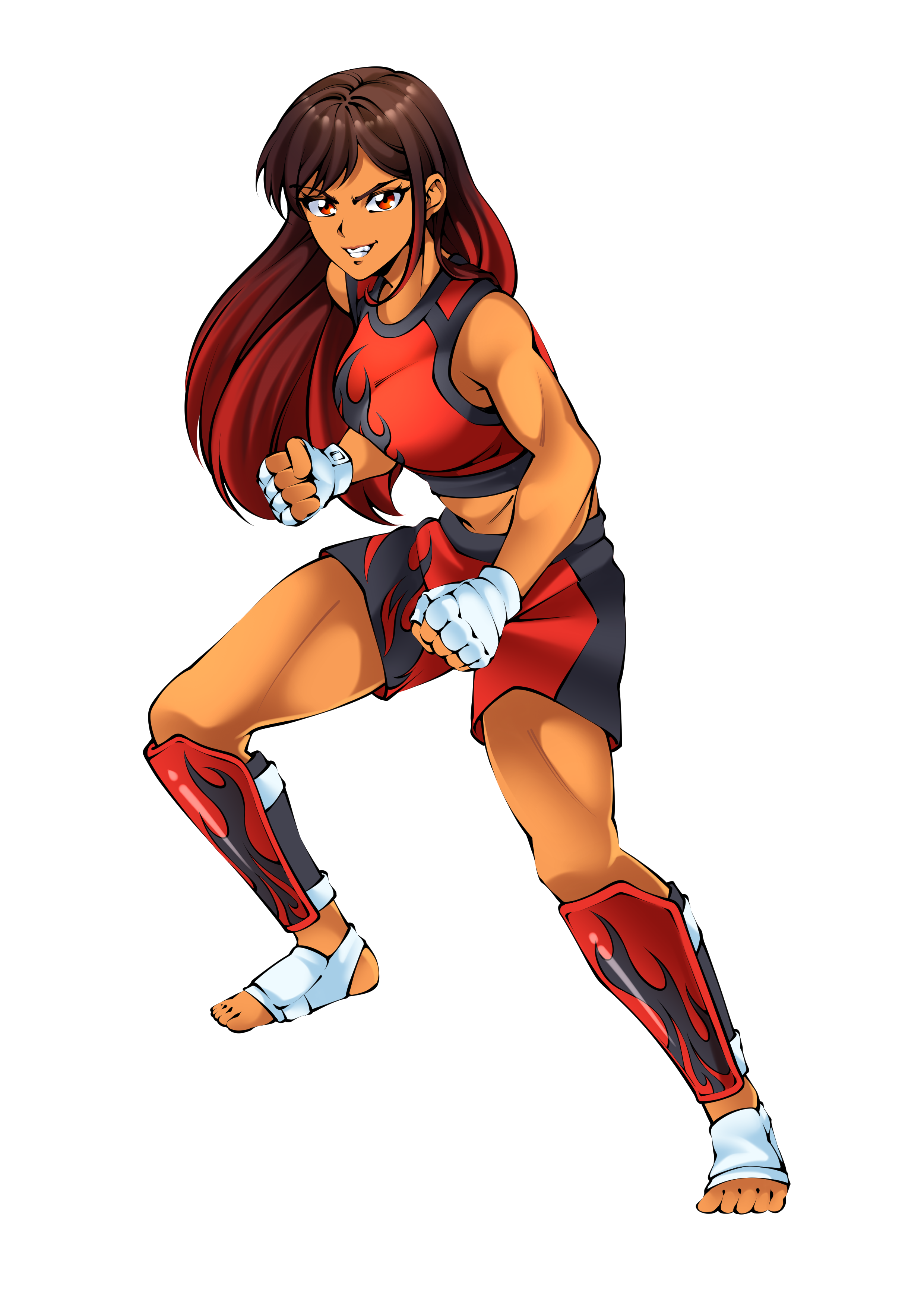 A female martial artist in a fighting stance wearing a red and black outfit, red and black gloves, and red and black leg guards against a black background.