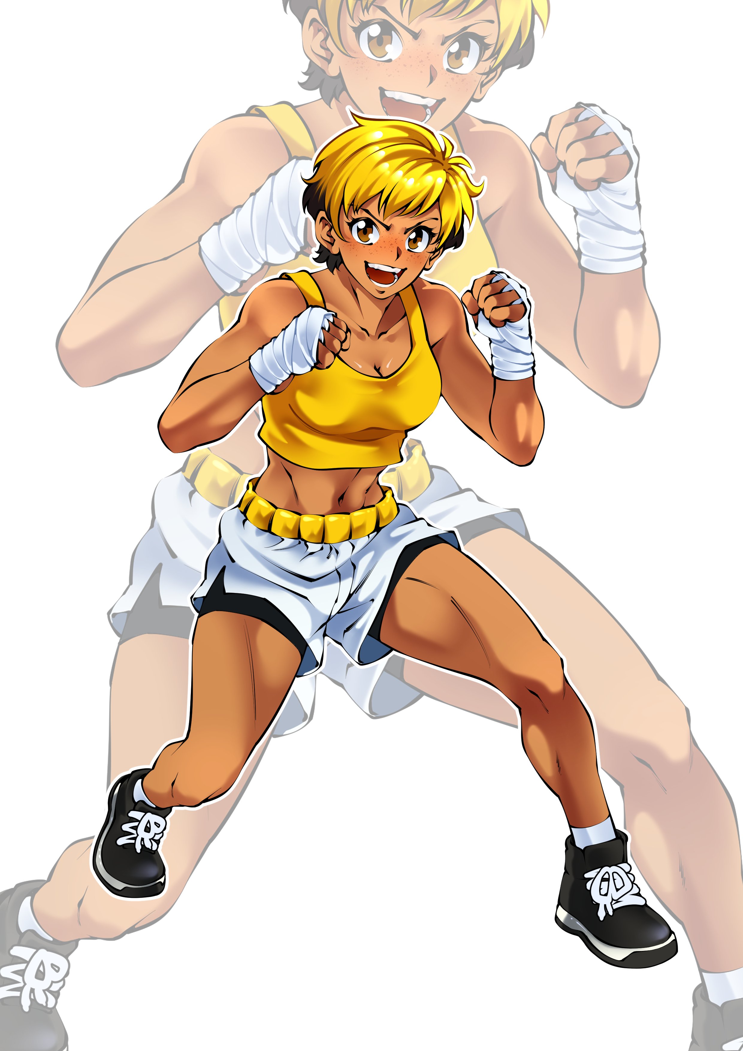 The image features a stylized animated female boxer with short blonde hair, wearing a yellow sports bra, white boxing shorts with black trim, and black sneakers with white laces. She has her fists raised in a fighting stance, with an energetic and confident expression on her face.