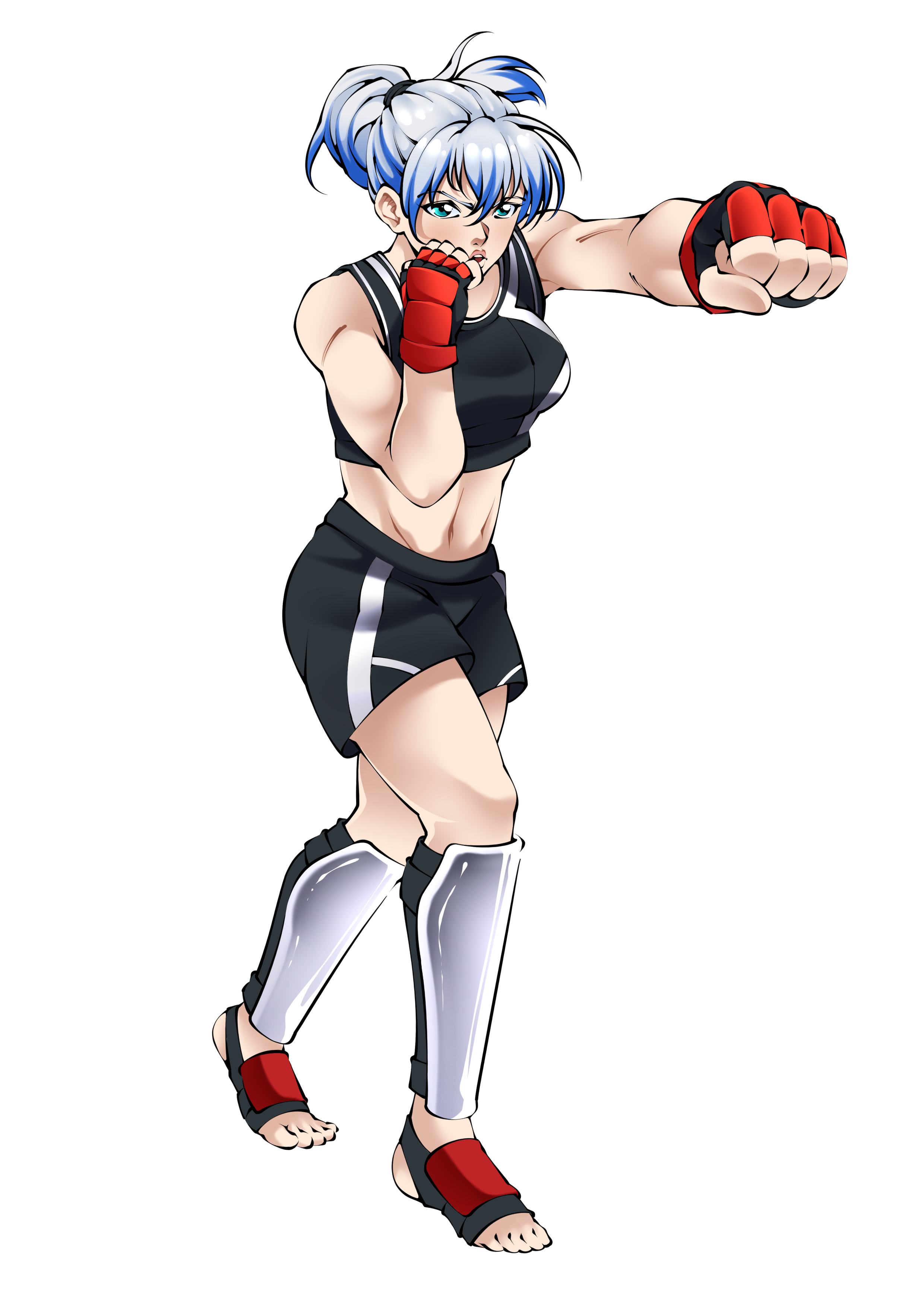 An animated female boxer with blue and white hair, wearing a black sports bra, black shorts, white shin guards, red and black boxing gloves, and black sandals with red straps, in a fighting stance.