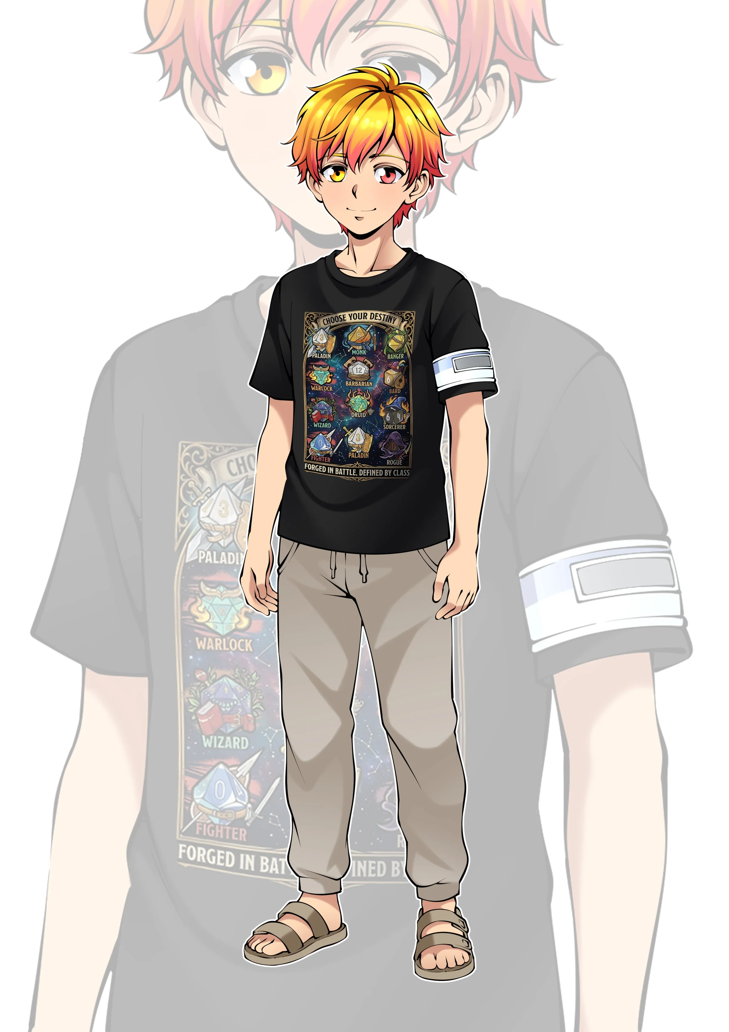 Digital illustration of a young boy with short, colorful hair in shades of orange and red. He has heterochromatic eyes, one yellow and one pink, and is smiling softly. He is wearing a black t-shirt with a colorful graphic and text related to fantasy classes, beige cargo pants, and brown sandals. The background features a faded, larger image of the same boy's face.