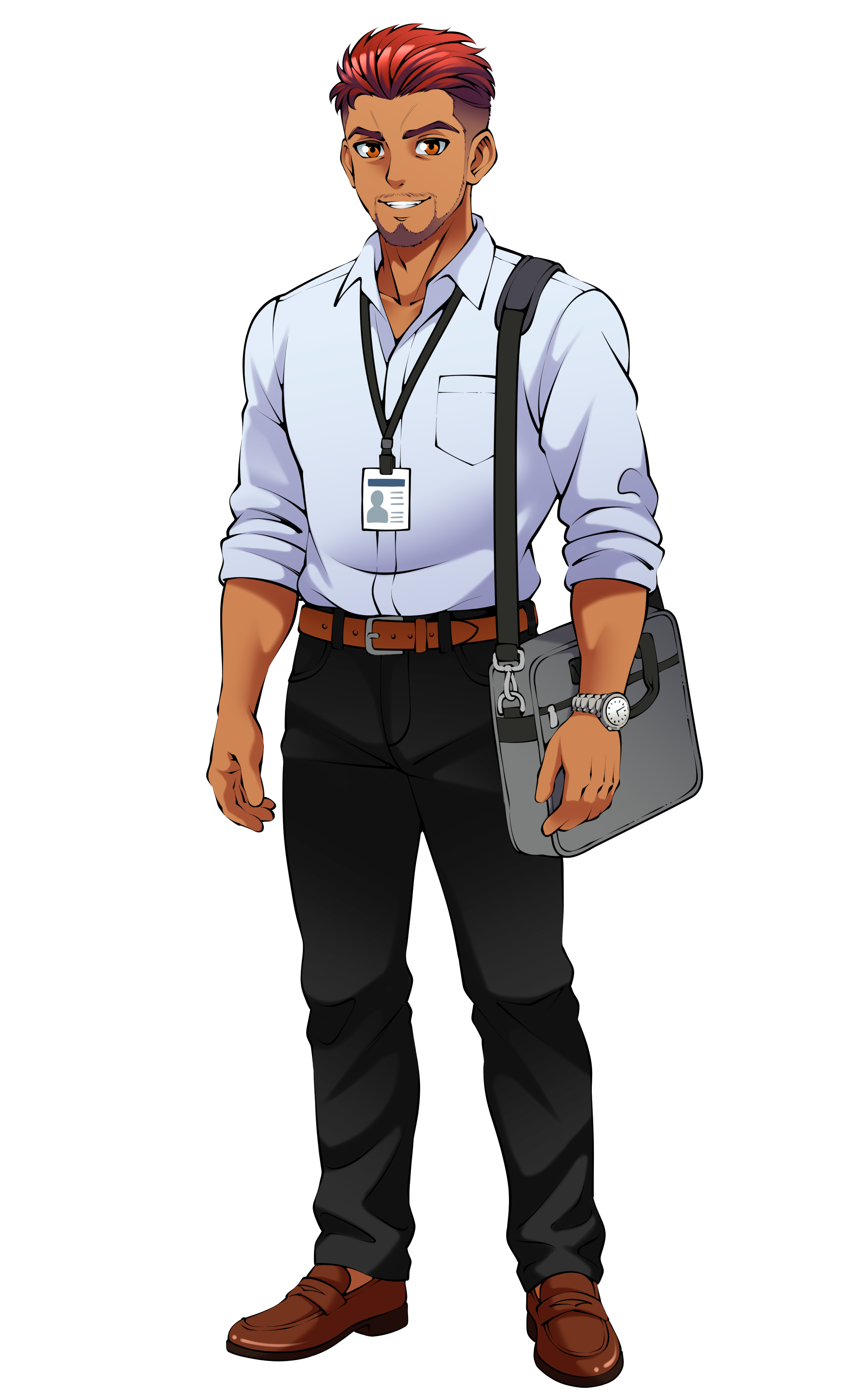 Cartoon of a young man with red hair, dressed in a white shirt, black pants, brown shoes, carrying a shoulder bag, wearing a watch, and holding a tablet, standing against a black background.