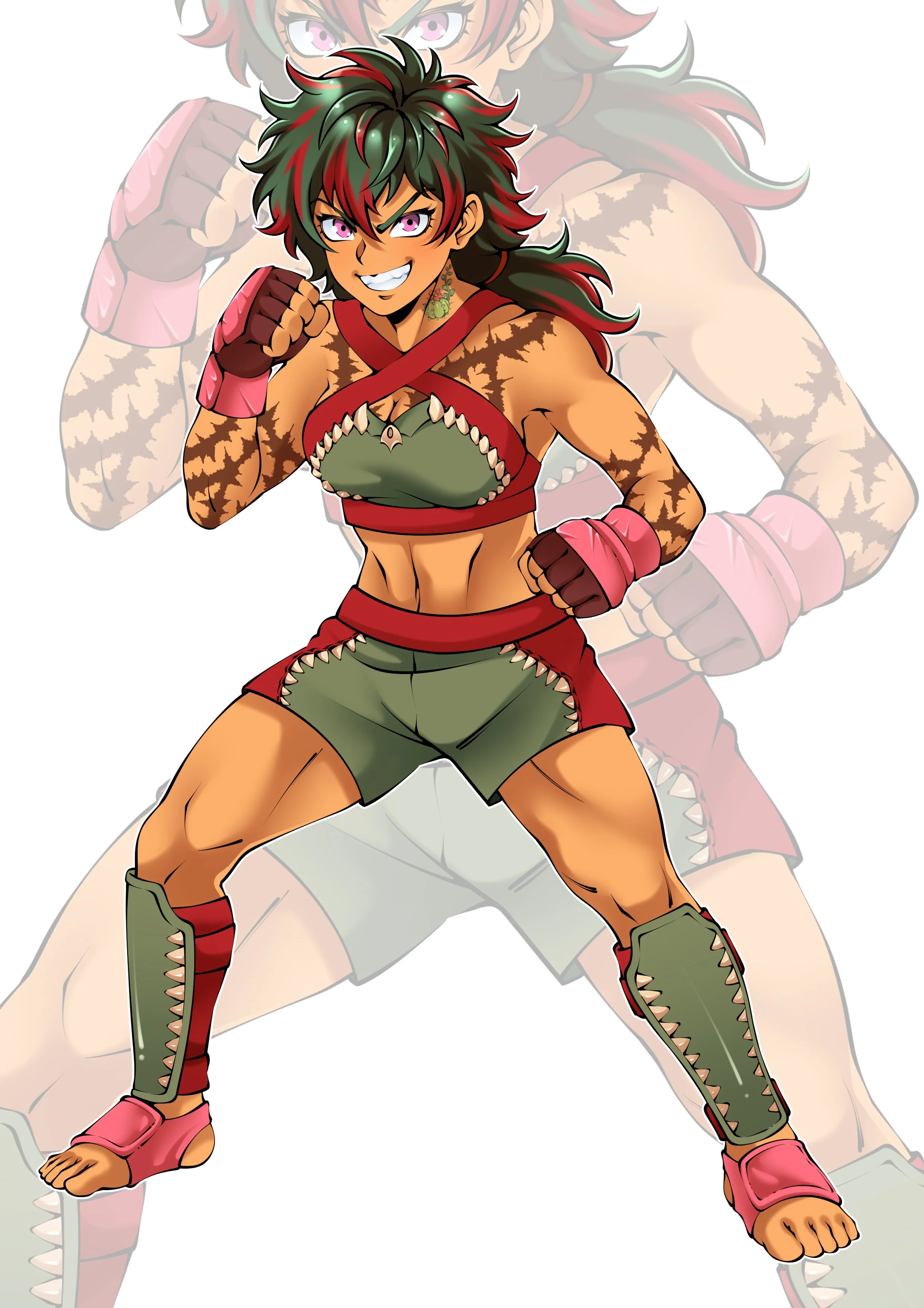 A digital illustration of a fierce female warrior with spiky green and red hair, pink eyes, tattoos on her arms, and wearing a revealing green and red outfit with shark teeth details. She is standing with a confident stance, fists clenched, and smiling aggressively.