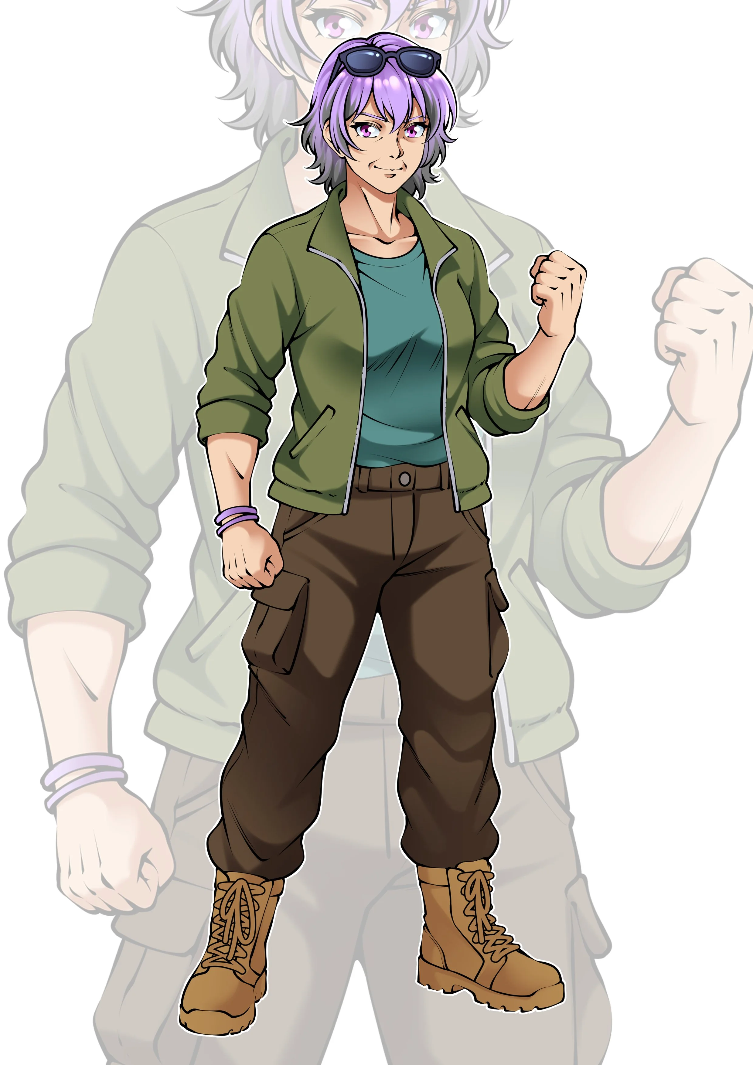 Anime-style drawing of a woman with purple hair, pink eyes, wearing sunglasses on her head, a green jacket, teal shirt, brown cargo pants, and tan hiking boots, with a confident stance and clenched fist.