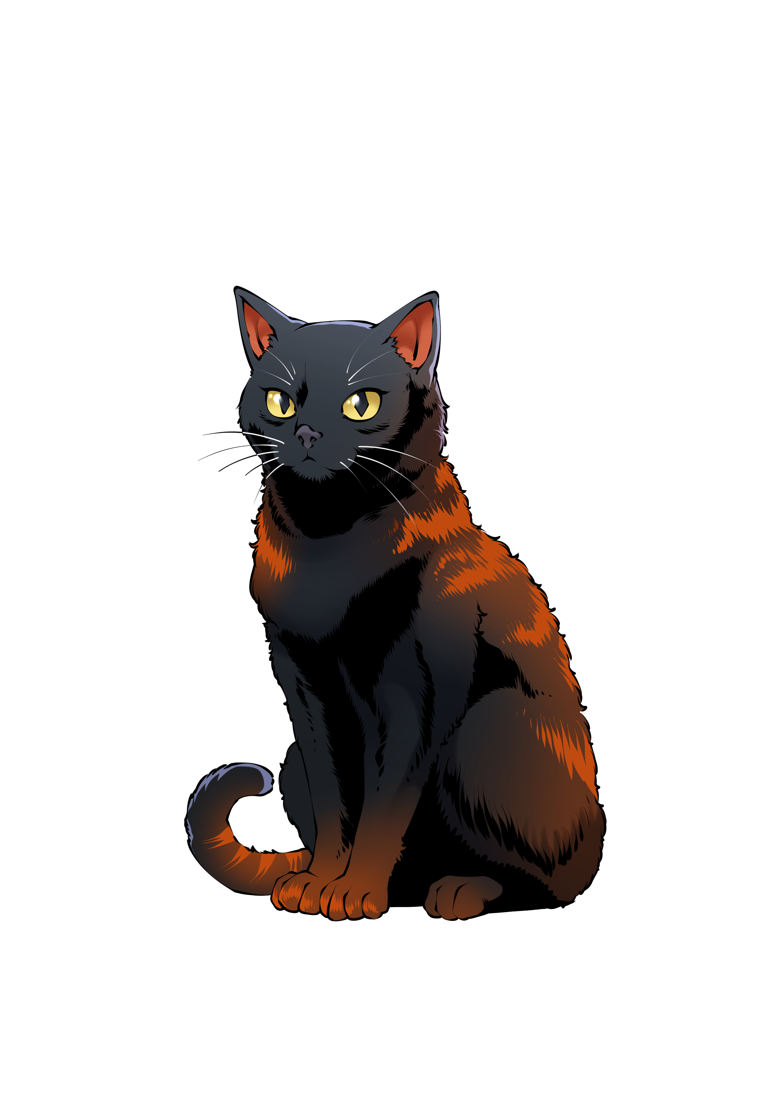 Digital illustration of a black and orange cat with yellow eyes sitting on a black background.