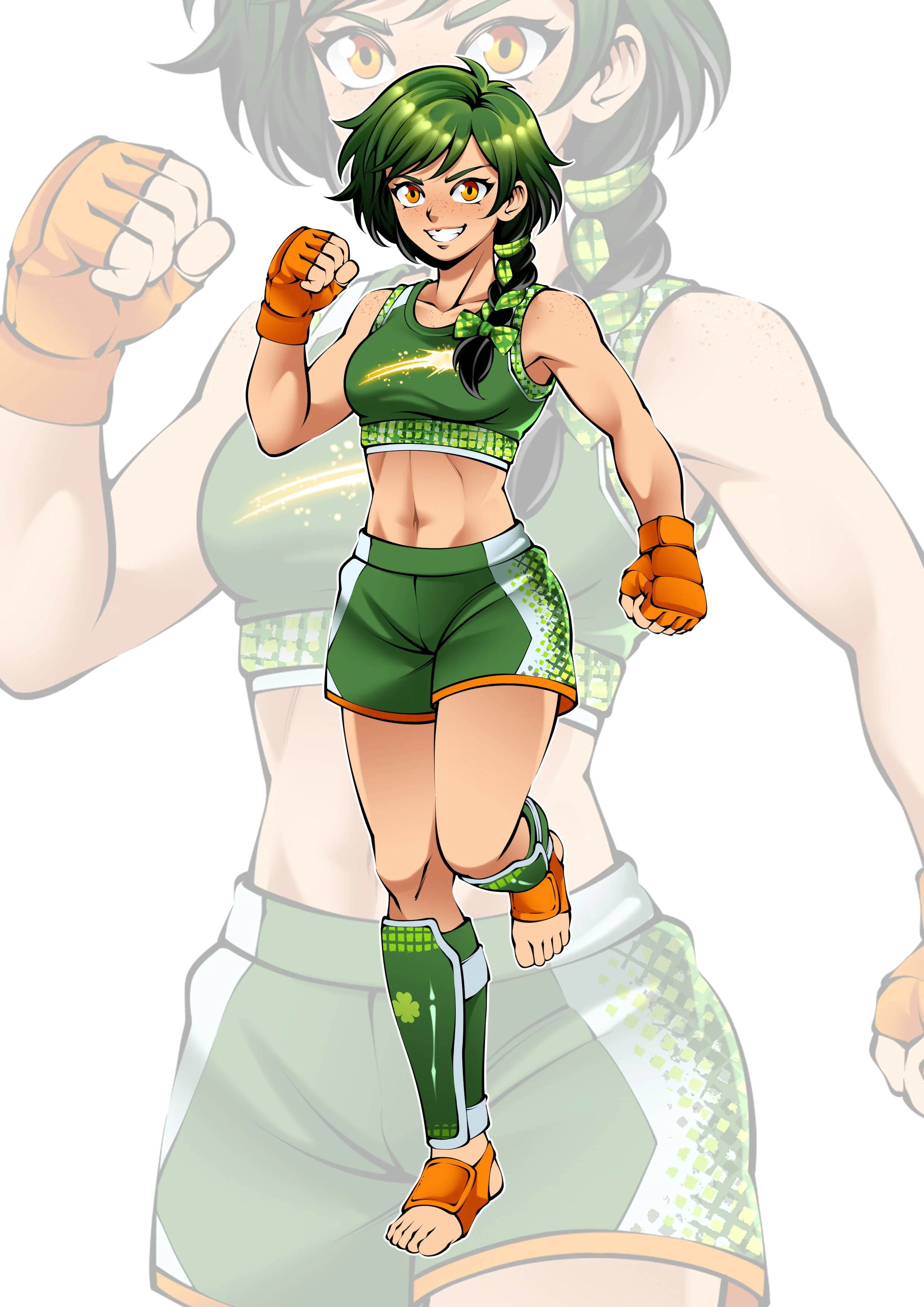 A vibrant animated female character with green hair, orange eyes, and freckles, dressed in a green athletic outfit with a shamrock and shooting star design, orange gloves, and matching shoes, standing confidently.