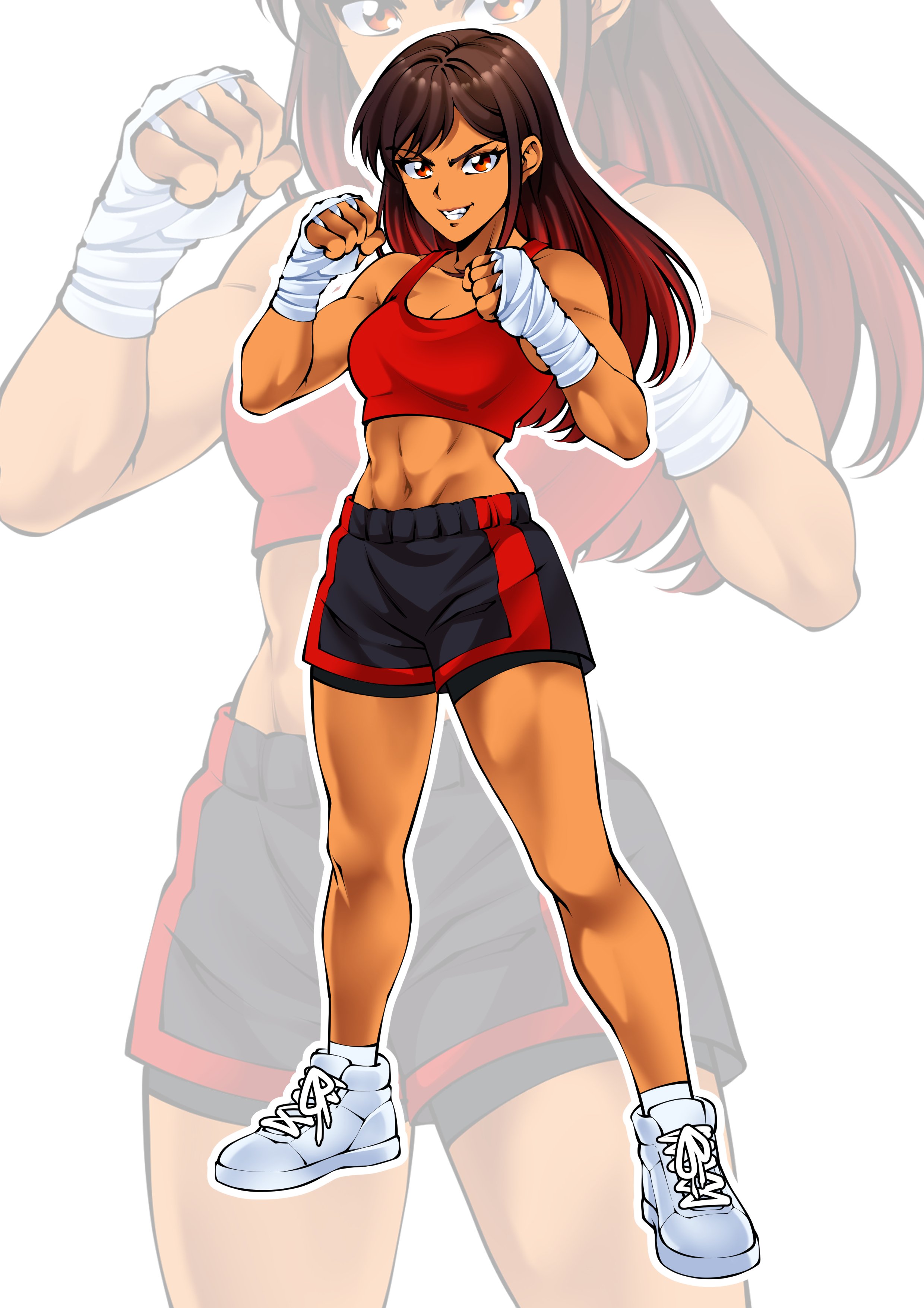 An animated female boxer with long brown and red hair, wearing a red sports bra, black and red boxing shorts, white boxing gloves, and white athletic shoes, standing in a fighting pose with clenched fists.