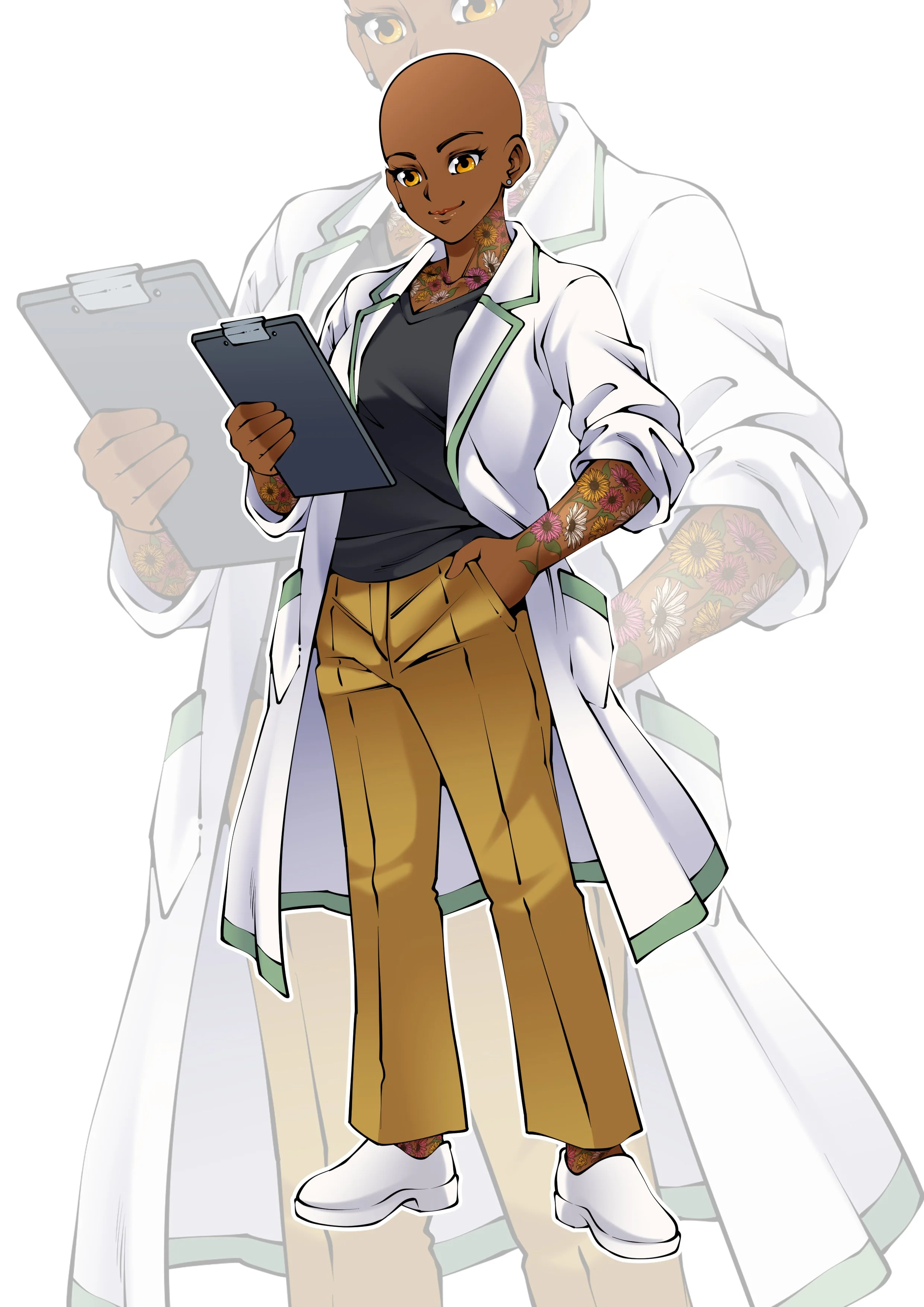 A woman with dark skin and a shaved head holds a clipboard. She is wearing a white coat with green trim, a black shirt, tan pants, and white sneakers. Her arms are tattooed with colorful floral designs, and she has earrings and a confident expression.