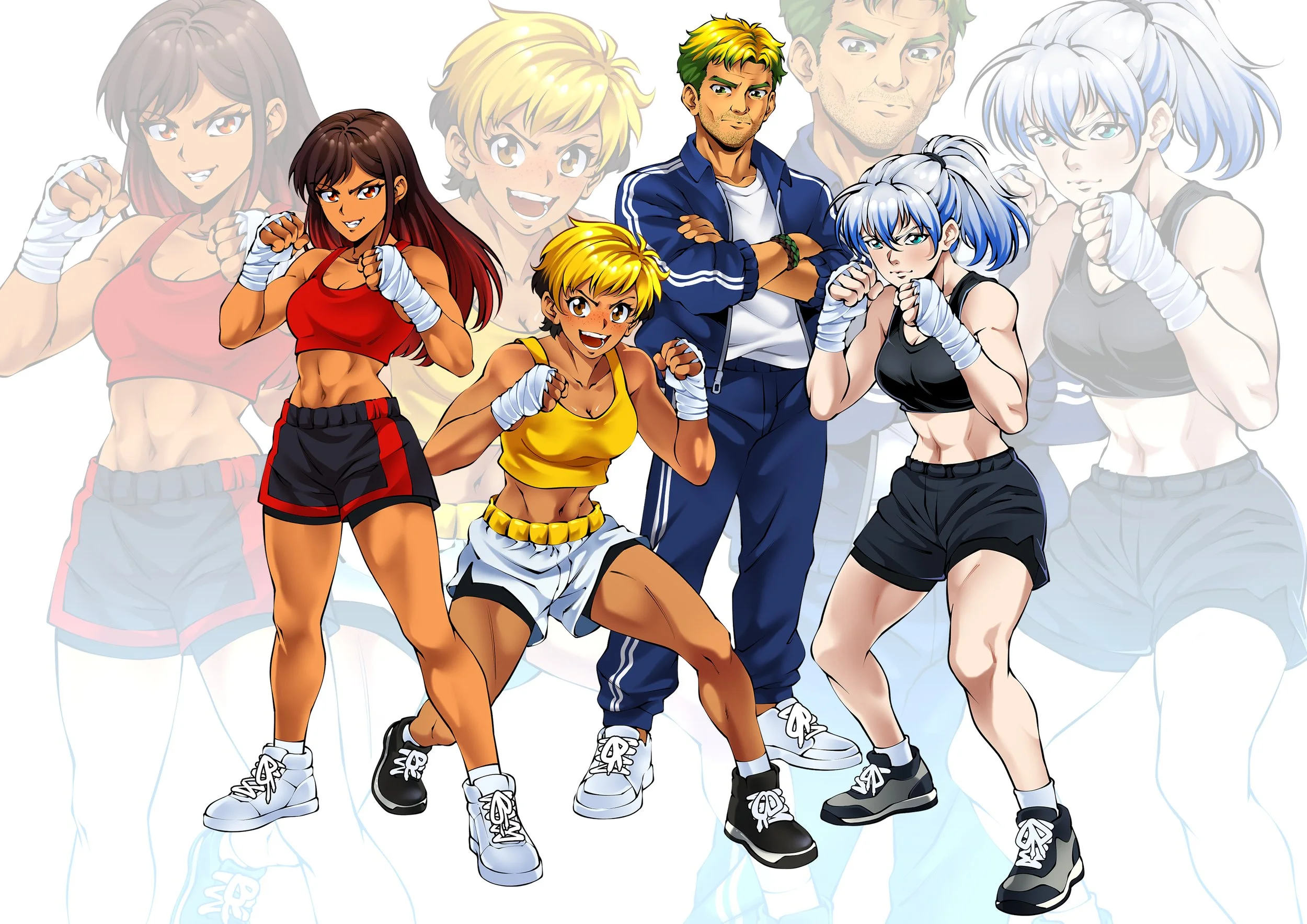 Group of anime-style characters with boxing gloves and athletic clothing, posing with fists raised
