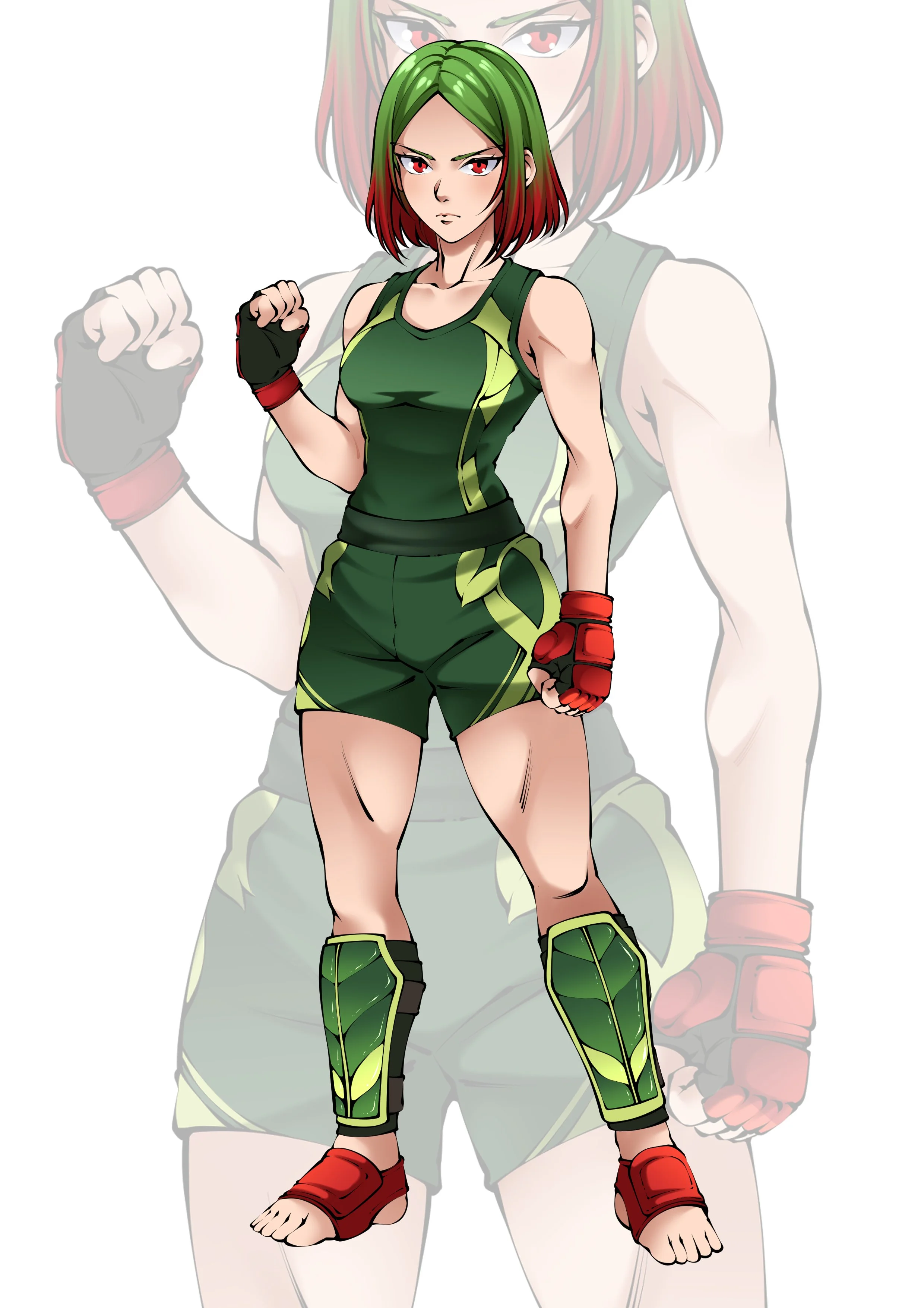 A digital illustration of a young female character with green and red hair, dressed in a green athletic outfit with yellow accents, red gloves, and green and yellow footwear, in a fighting stance with a determined expression.