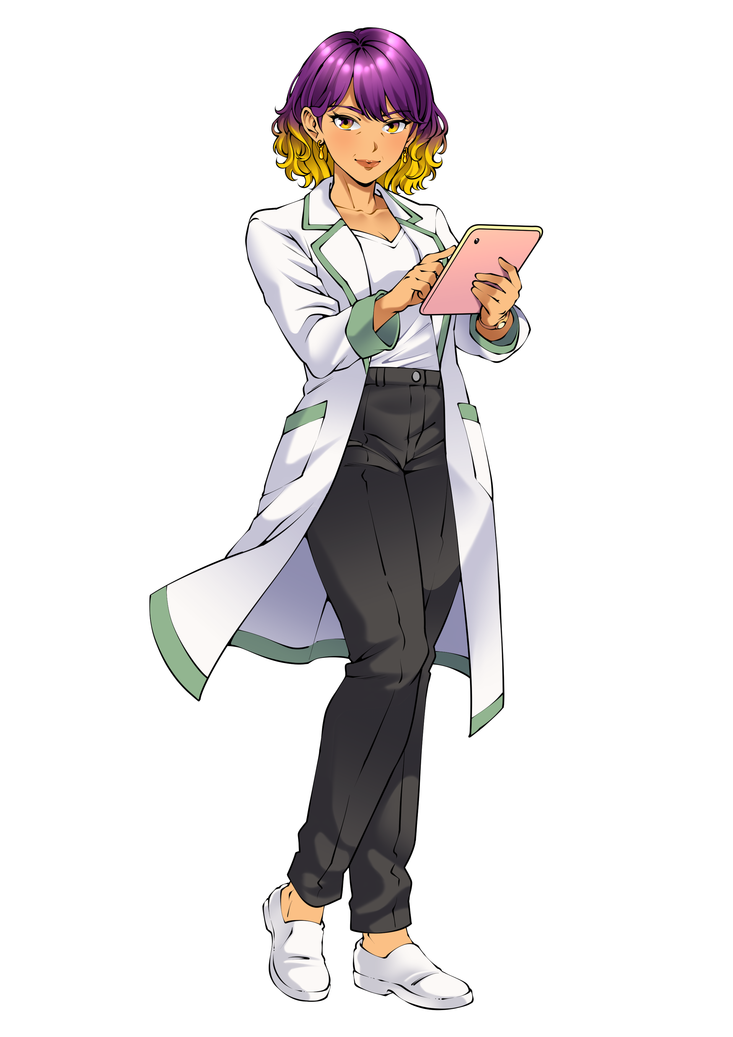 Animated woman with purple and yellow ombre hair, wearing a white lab coat with green accents, black pants, and white sneakers, holding a pink tablet and pointing at it.