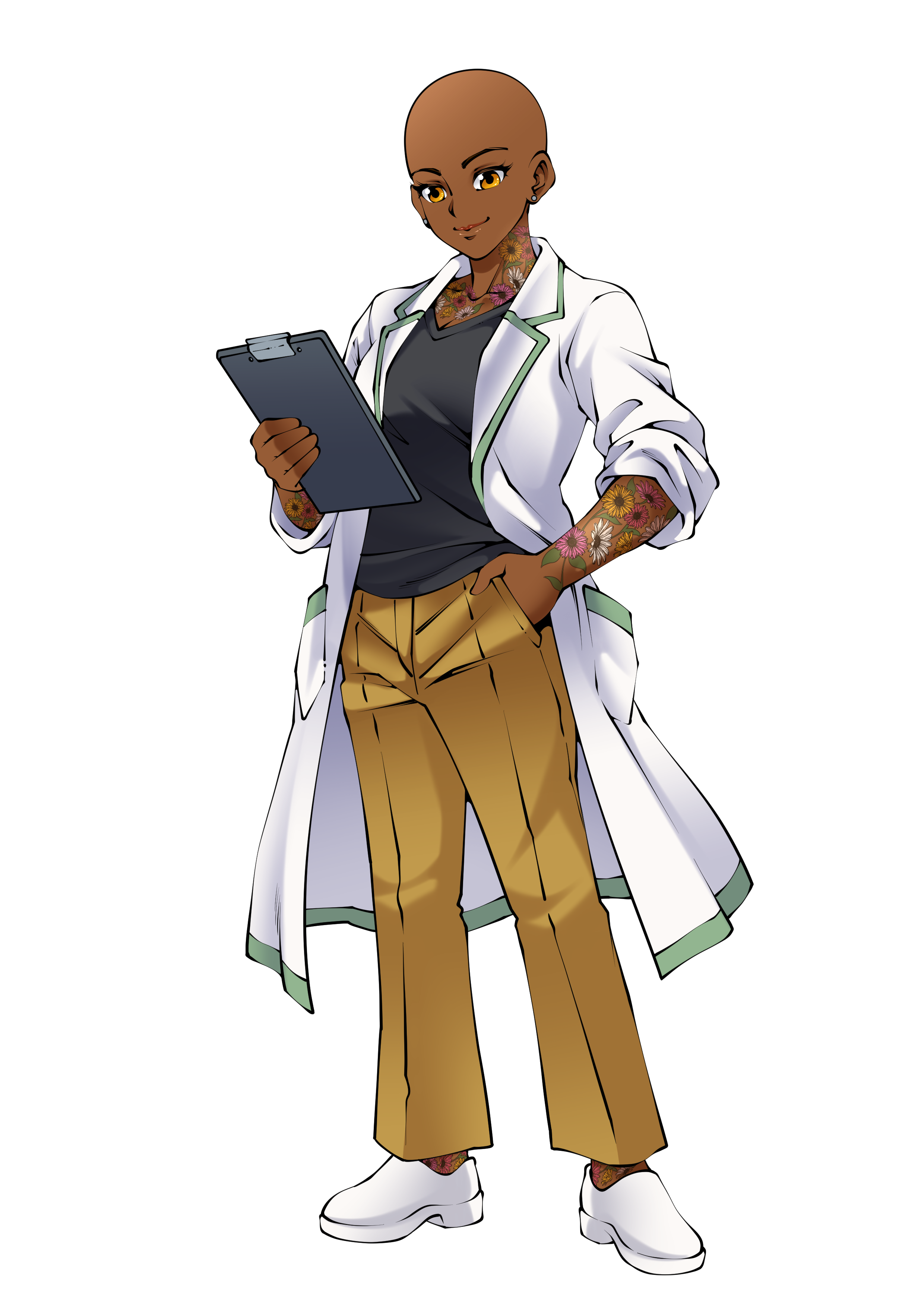 A digital illustration of a person with dark skin and a bald head, wearing a white coat with green trim over a black shirt, with rolled-up sleeves and floral tattoos on both arms. They are holding a clipboard and wearing tan wide-leg pants and white shoes, with a confident pose.