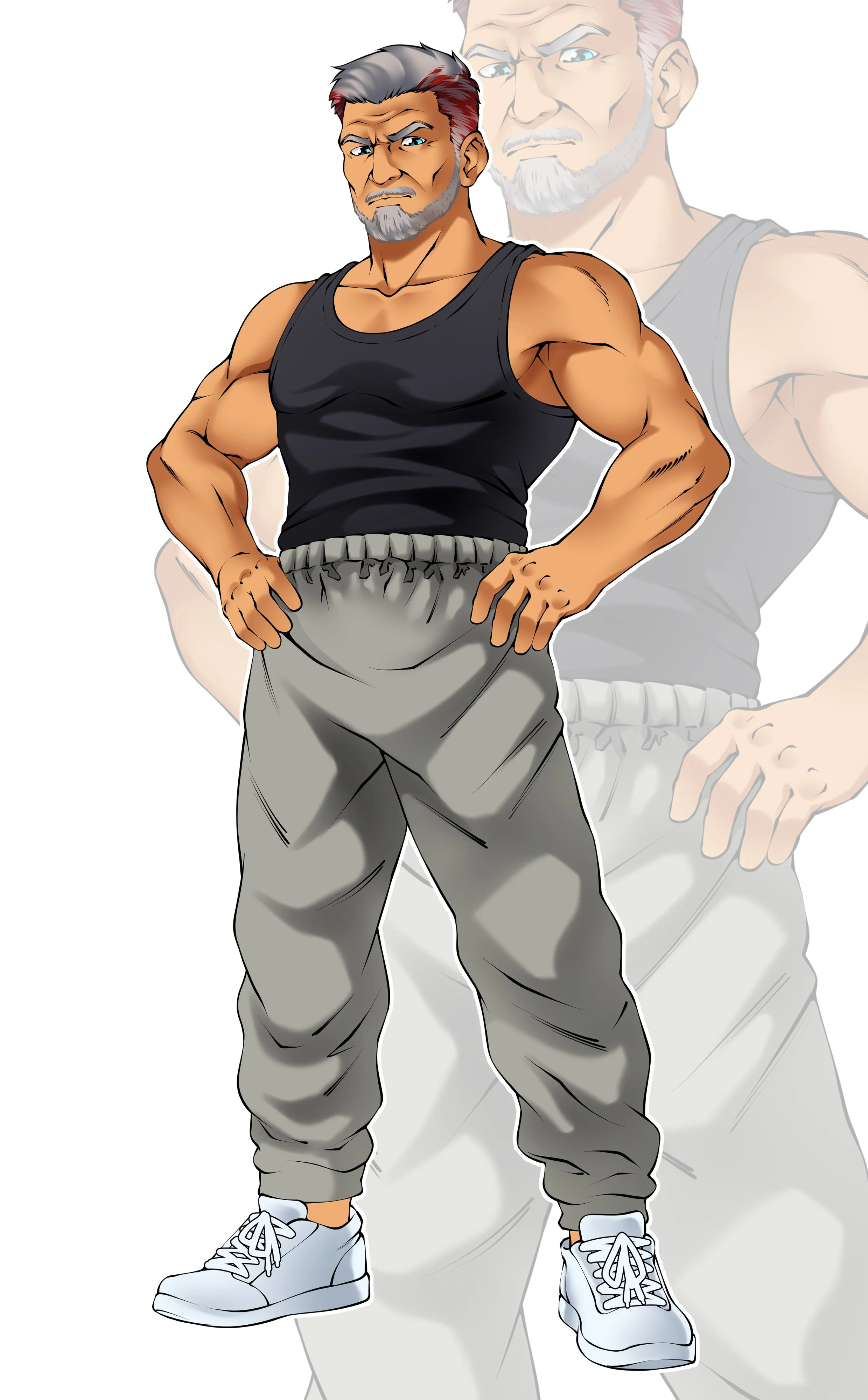 Animated character of a muscular man with gray hair and beard, wearing a black tank top, gray sweatpants, and white sneakers, standing with hands on hips and a serious expression.