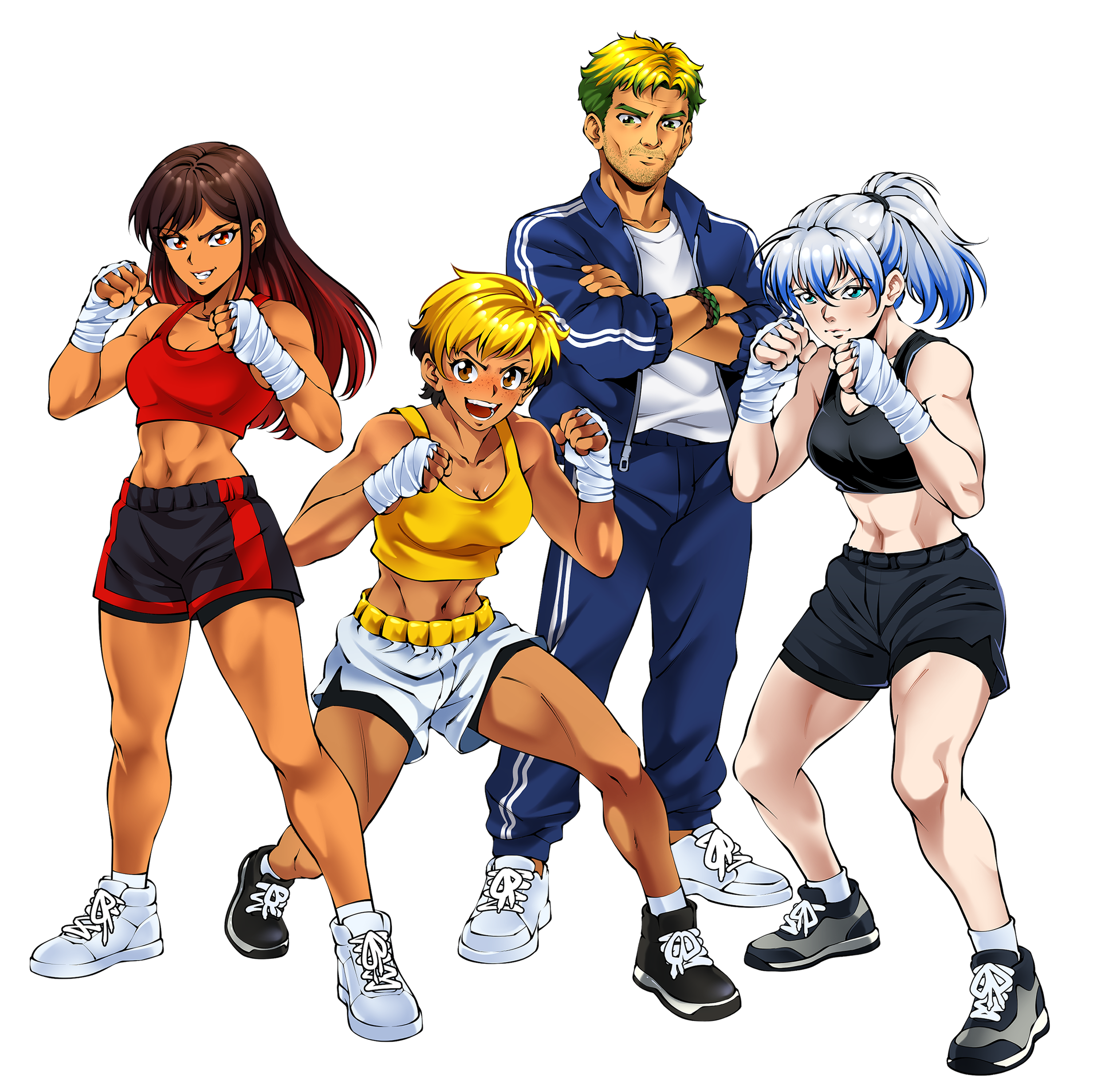 Group of four animated characters dressed in boxing attire, posing with fists raised.