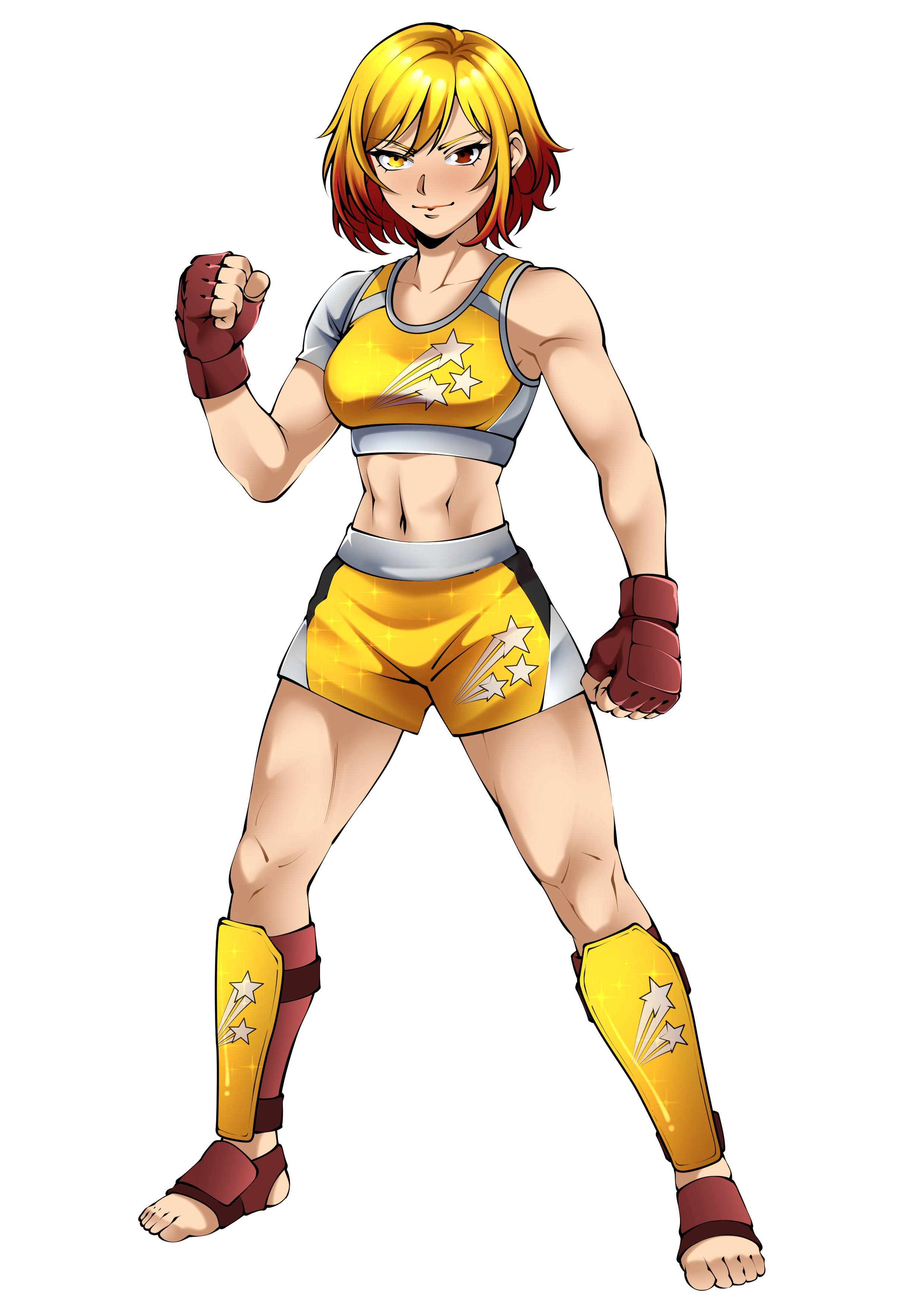 Animated female boxer with yellow and red hair, wearing yellow and white boxing attire decorated with star and shooting star designs, red gloves, yellow boots with stars, standing in a fighting stance.