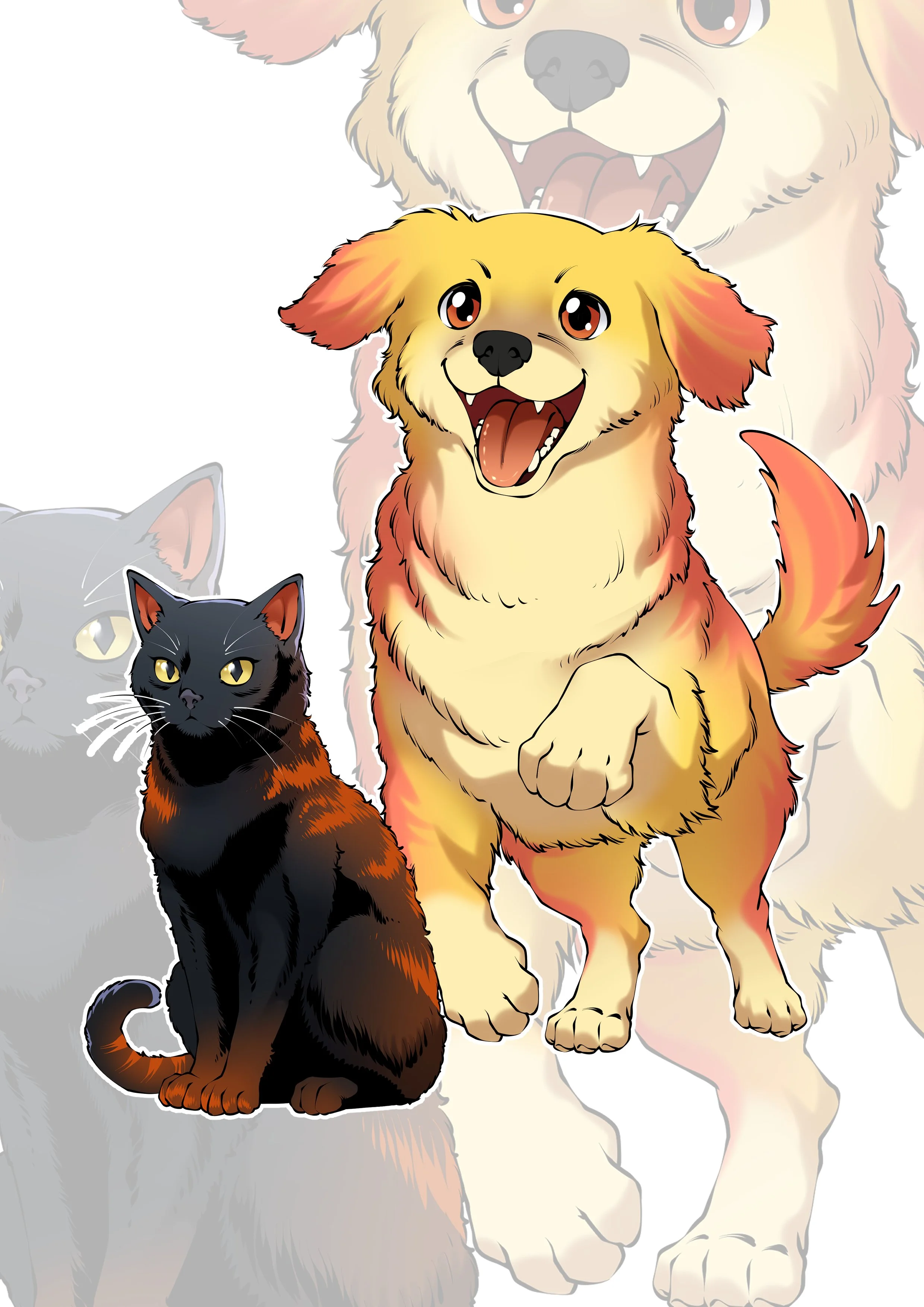 Colorful illustration of a happy yellow and orange dog with big eyes, open mouth, and tongue out, standing next to a black cat with yellow eyes, both in front of a larger, faint, smiling dog in the background.